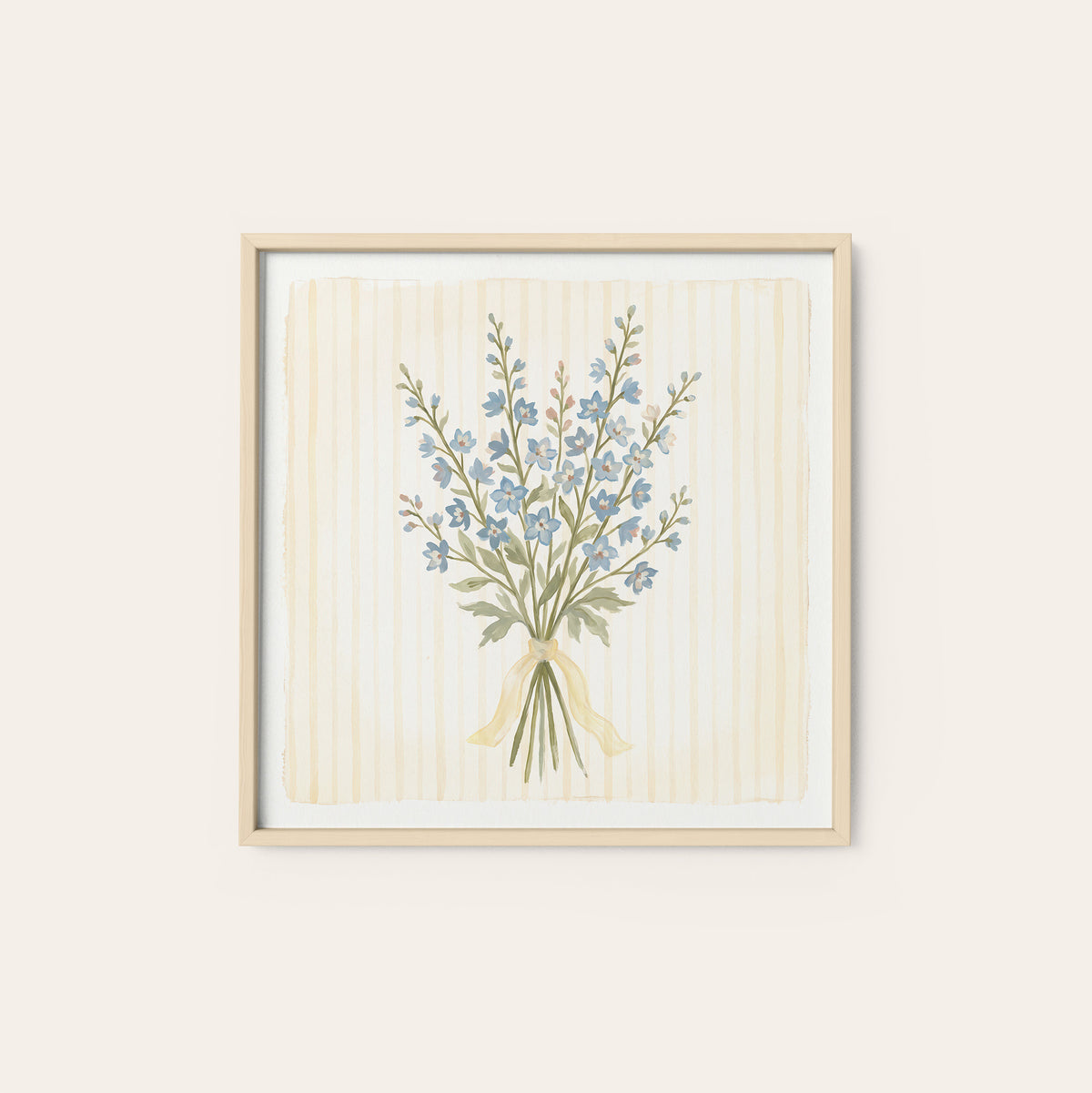 Blue Wildflowers Yellow Ribbon square art print — natural wood frame
