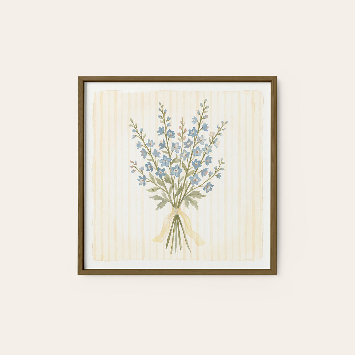 Blue Wildflowers Yellow Ribbon square art print — dark wood frame