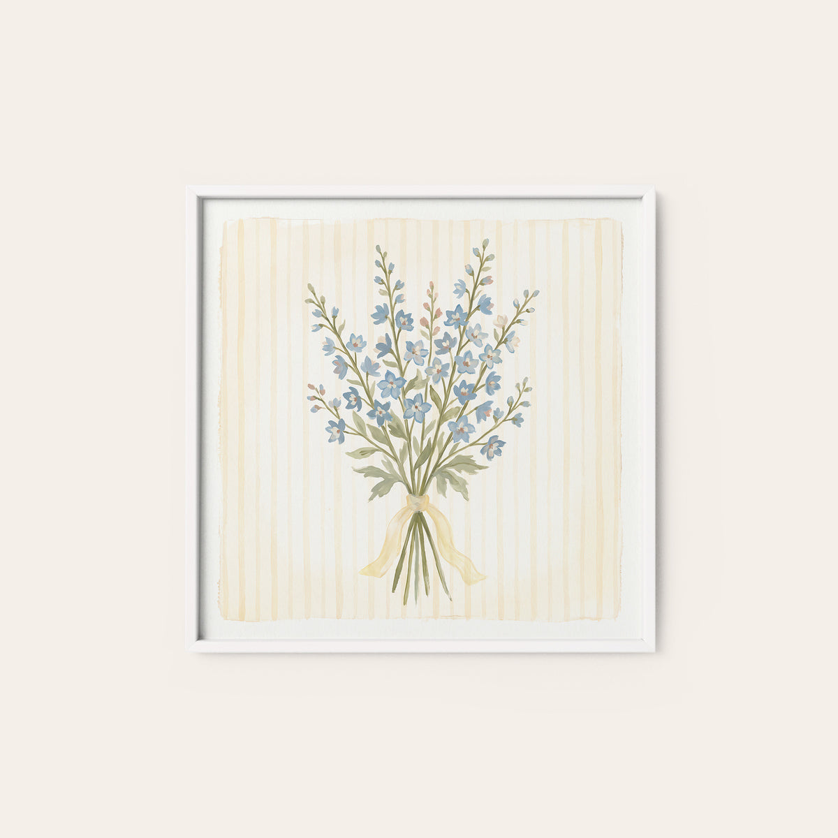 Blue Wildflowers Yellow Ribbon square art print — white frame
