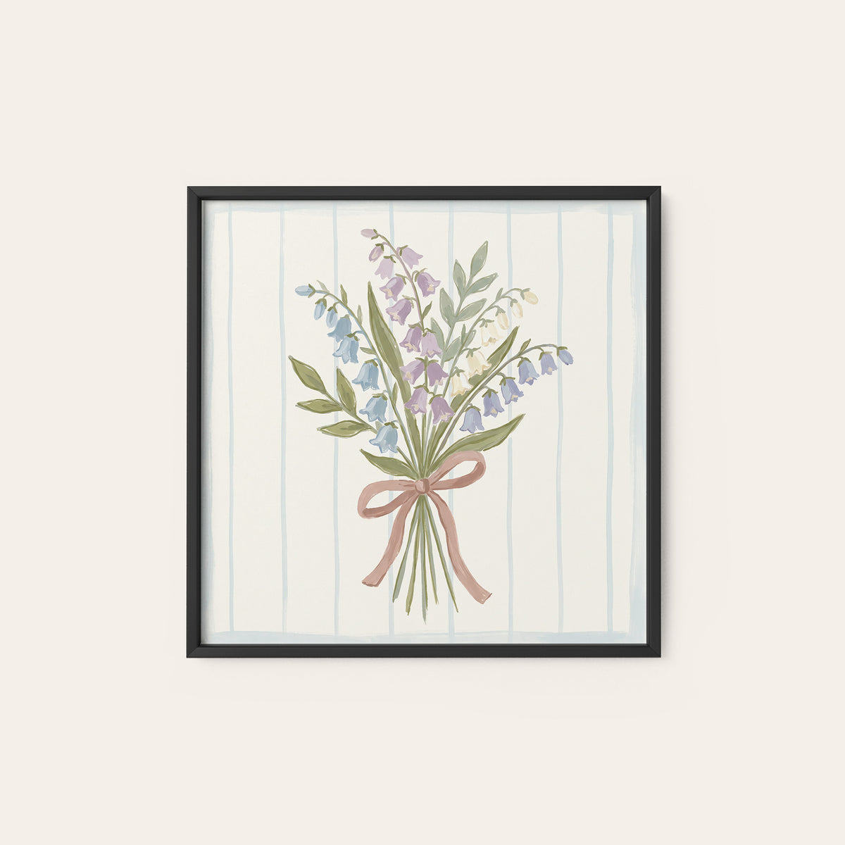 Blue Bellflowers Pink Ribbon square art print — black frame