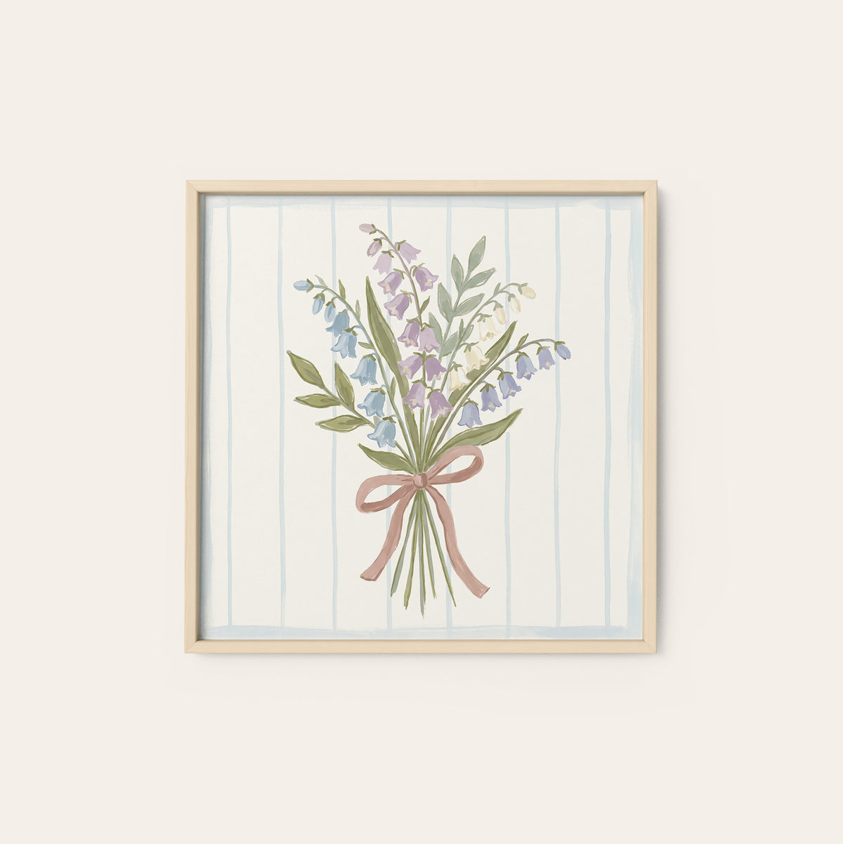Blue Bellflowers Pink Ribbon square art print — natural wood frame