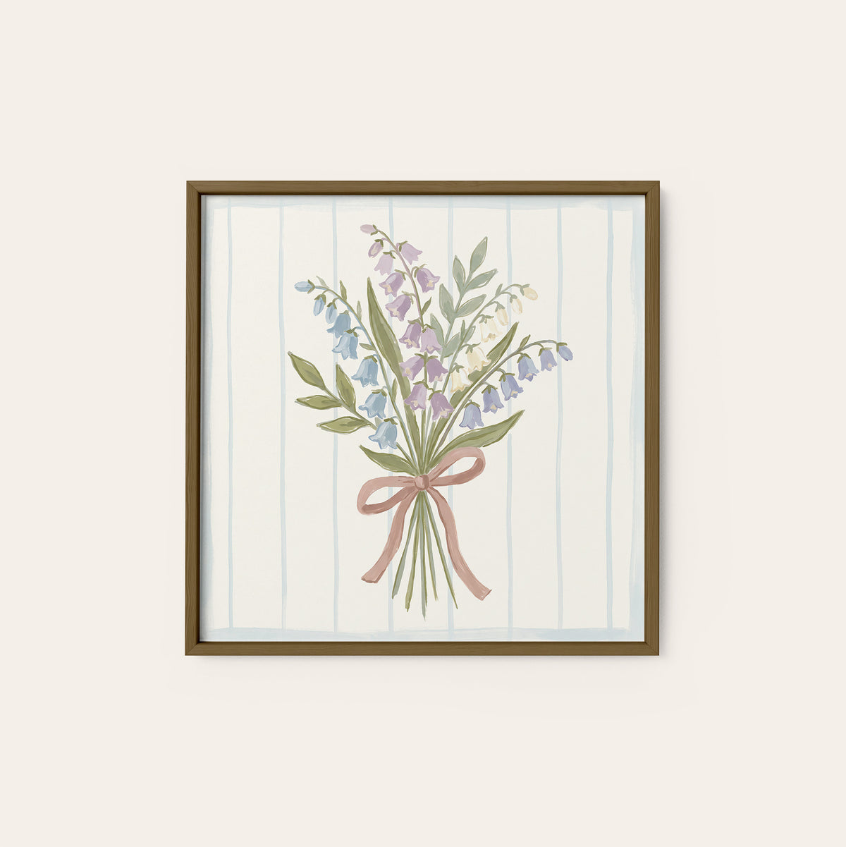 Blue Bellflowers Pink Ribbon square art print — dark wood frame