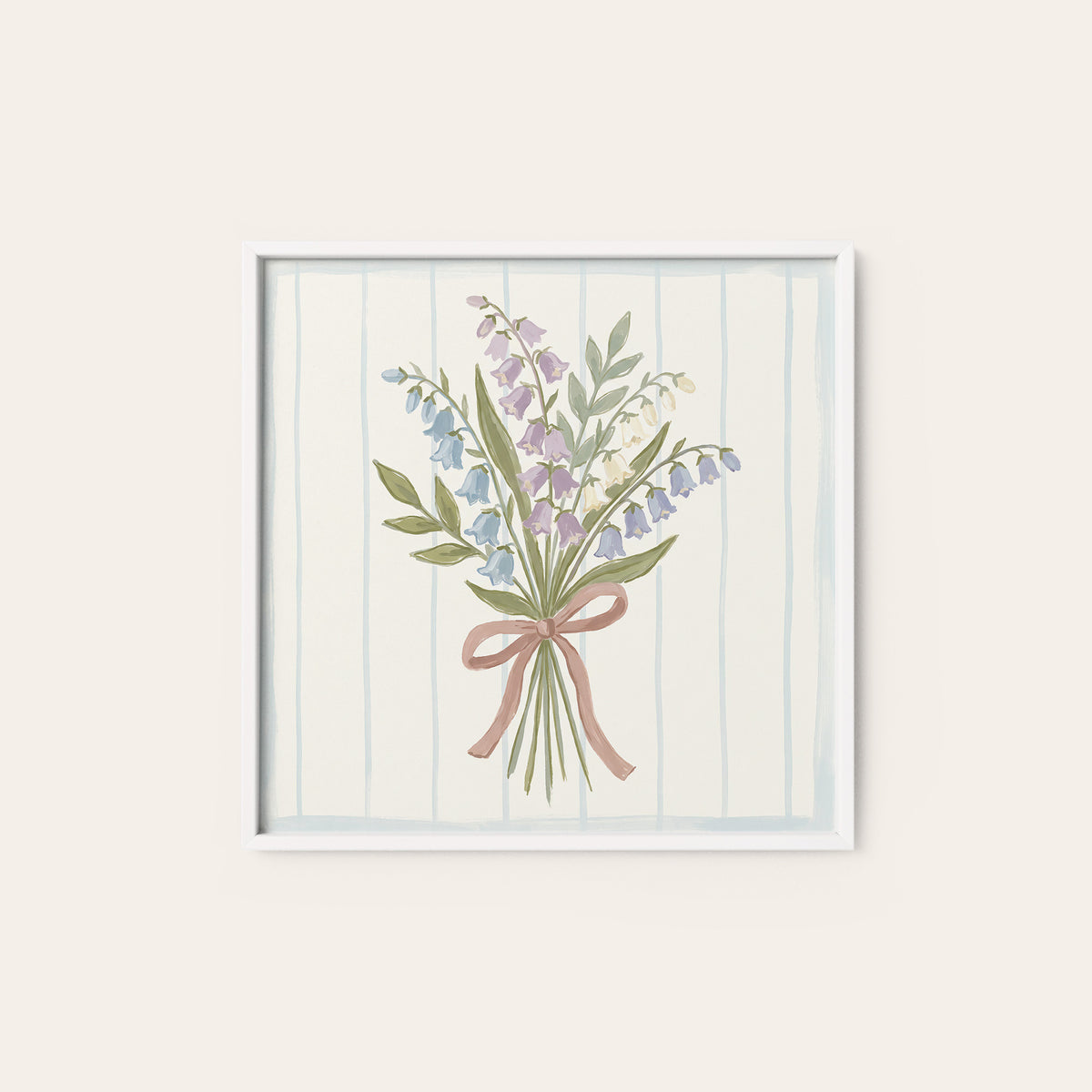 Blue Bellflowers Pink Ribbon square art print — white frame