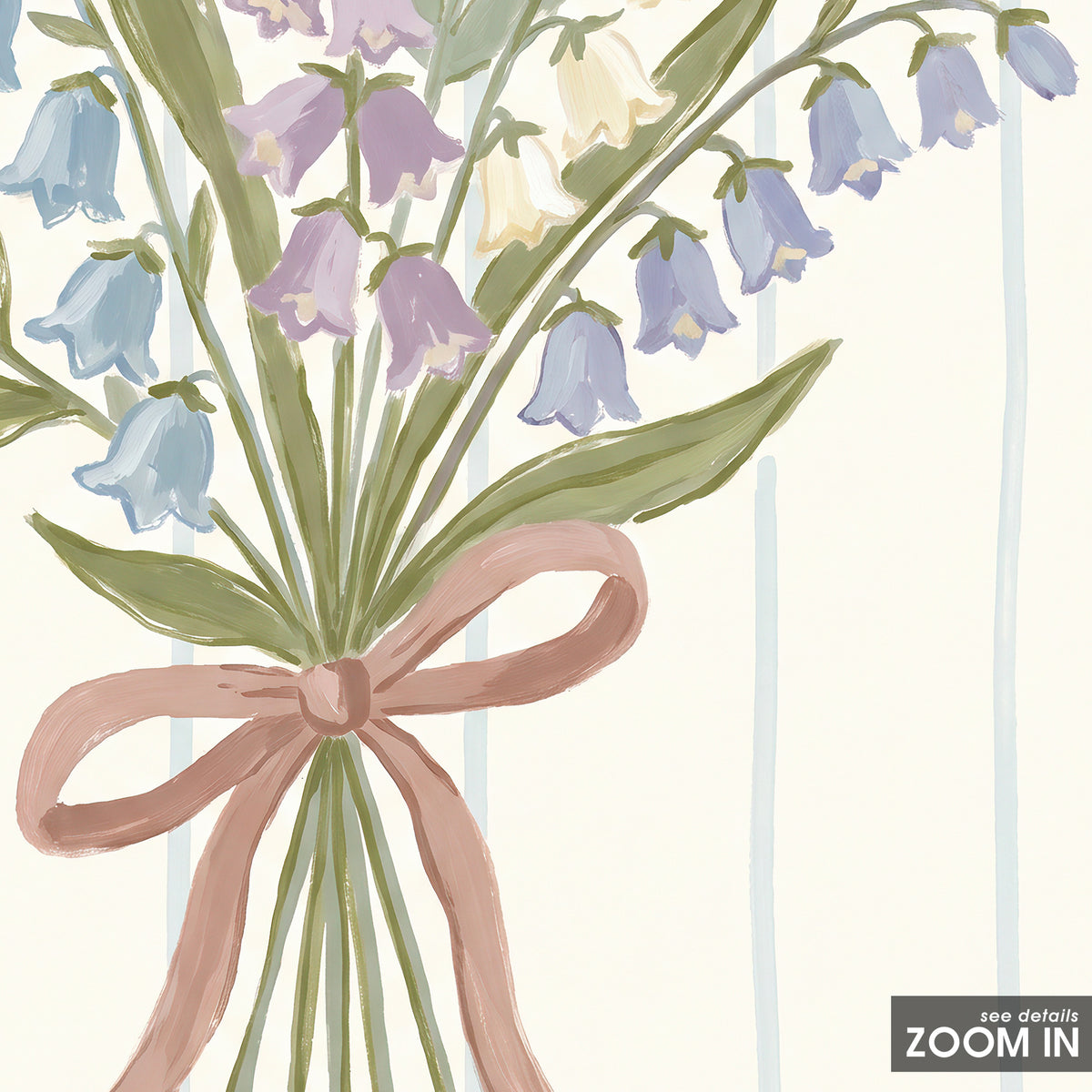Blue Bellflowers Pink Ribbon square art print — artwork detail