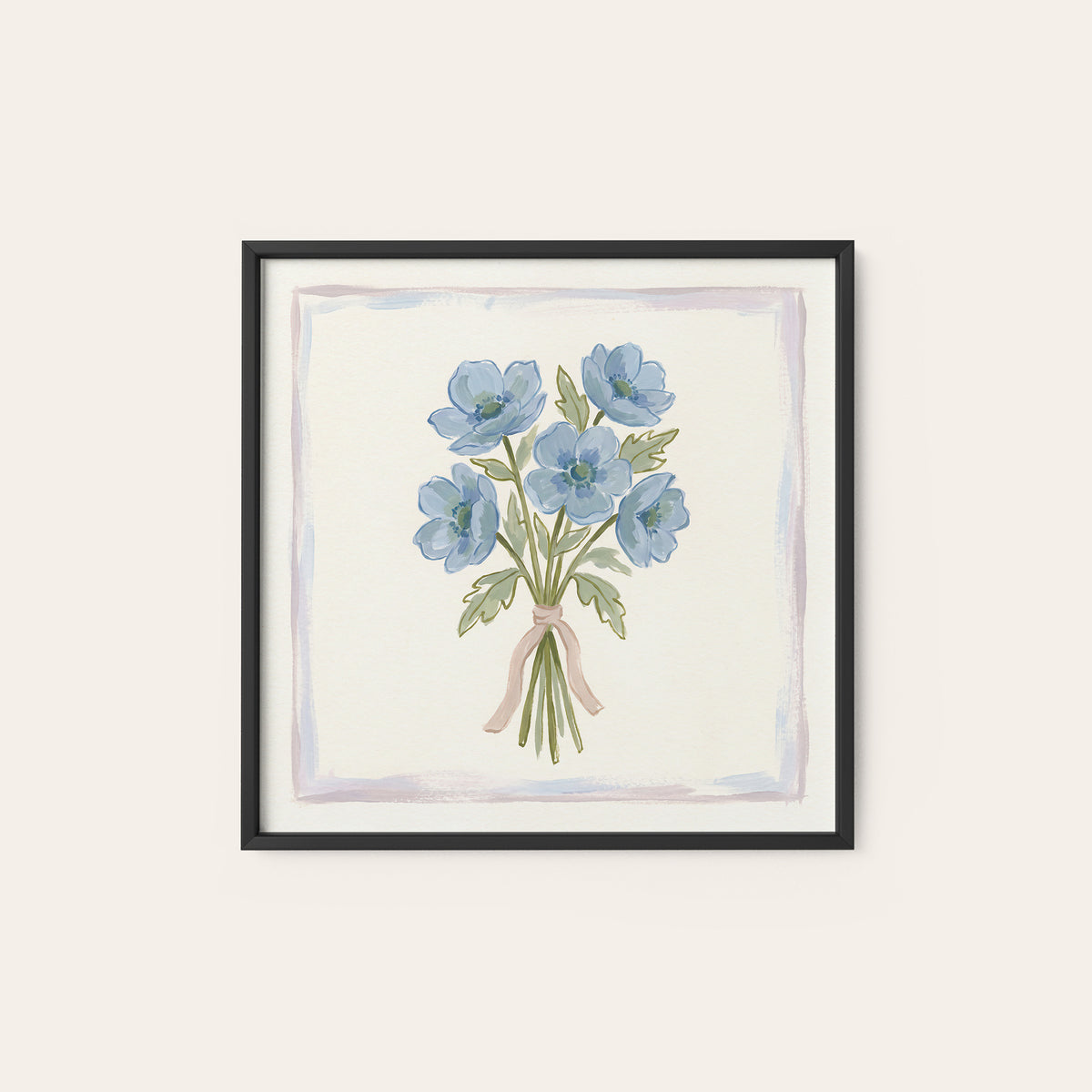 Blue Bouquet Pastel Border square art print — black frame