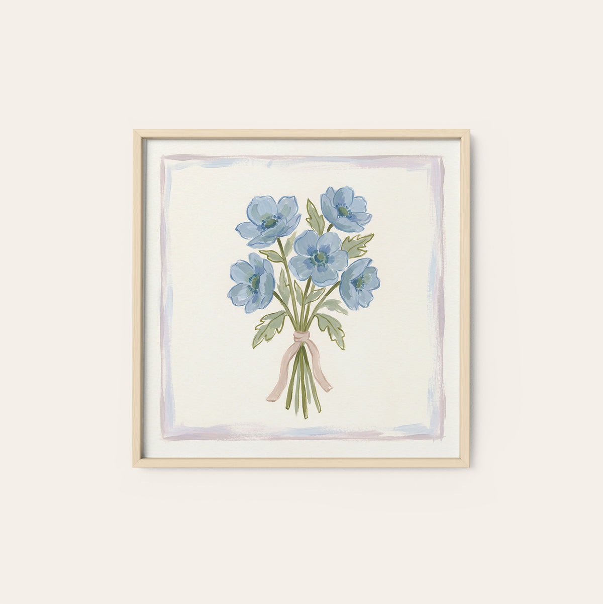 Blue Bouquet Pastel Border square art print — natural wood frame