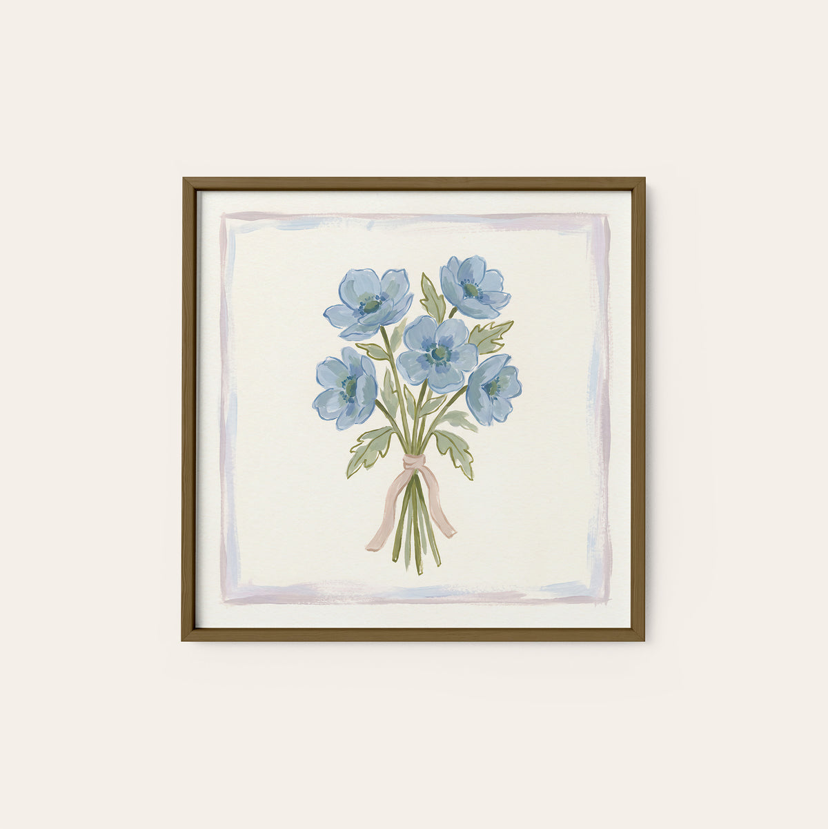 Blue Bouquet Pastel Border square art print — dark wood frame