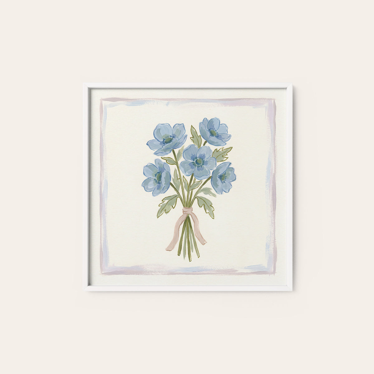 Blue Bouquet Pastel Border square art print — white frame