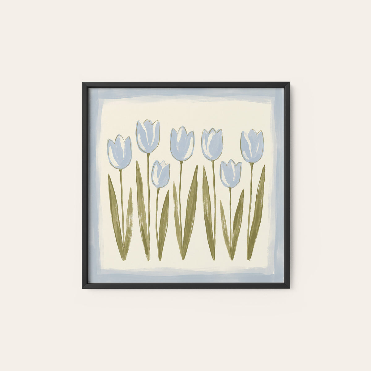 Seven Blue Tulips square art print — black frame