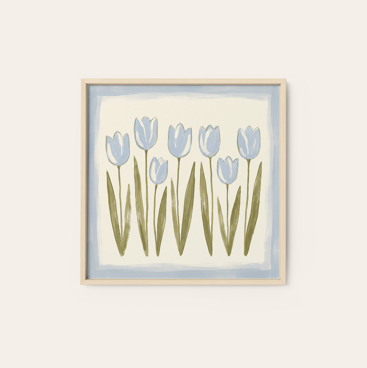 Seven Blue Tulips square art print — natural wood frame
