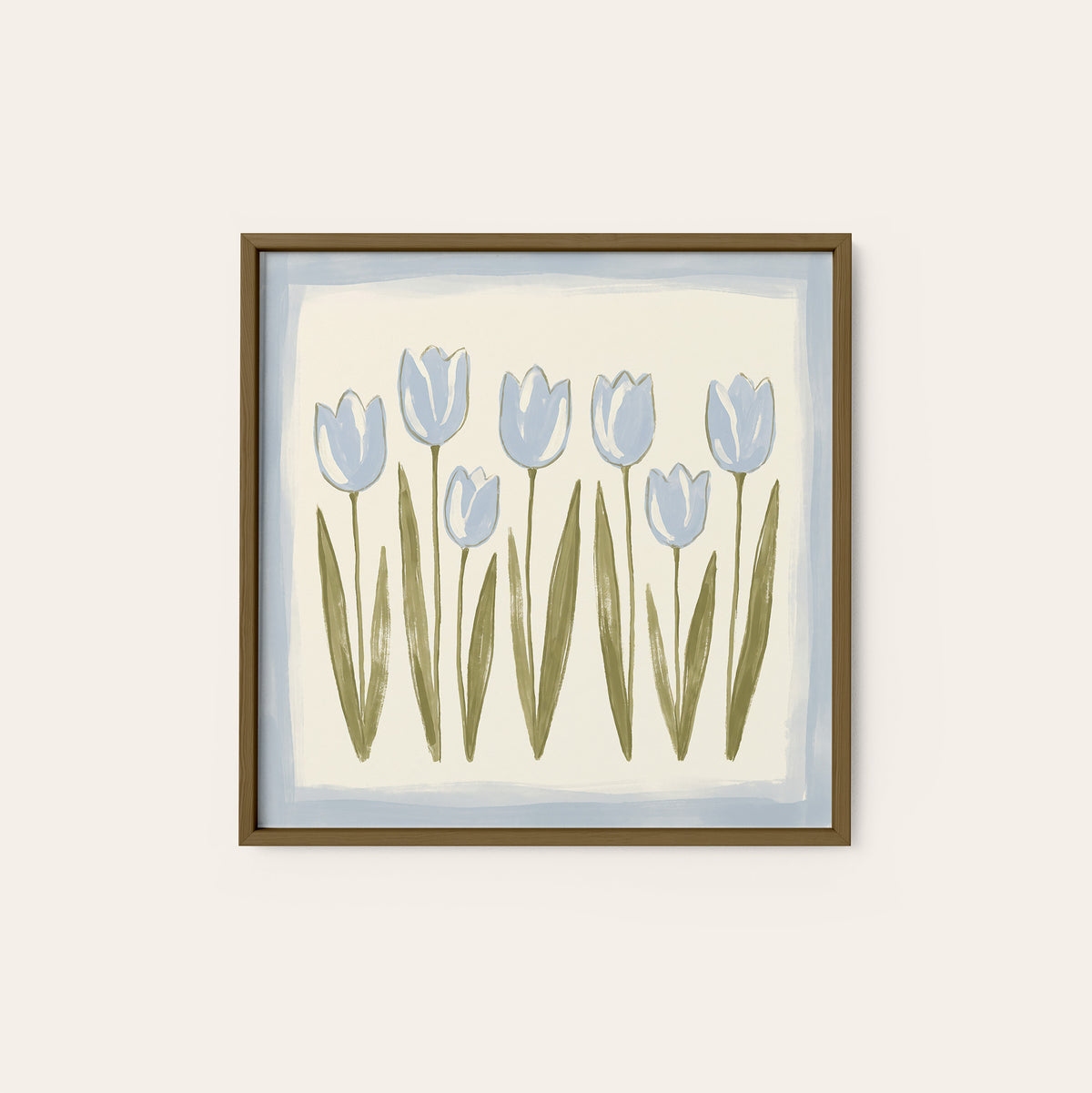 Seven Blue Tulips square art print — dark wood frame