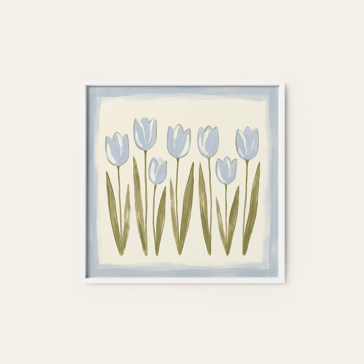 Seven Blue Tulips square art print — white frame
