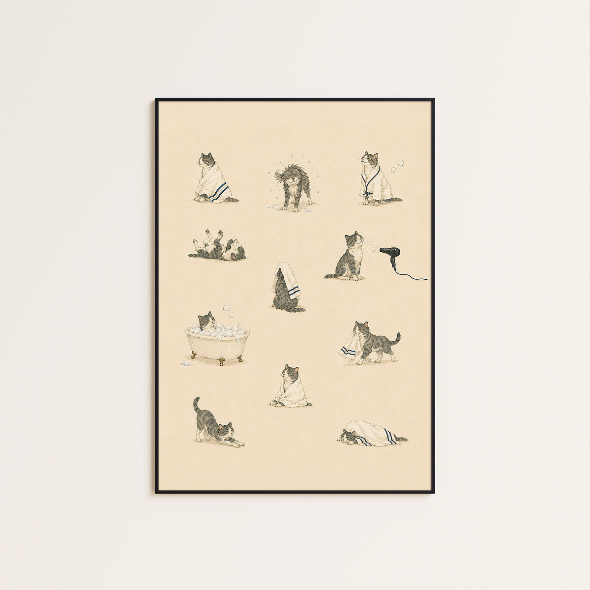 Cats at the Spa - Bath Time Pattern Print - framed artwork overview