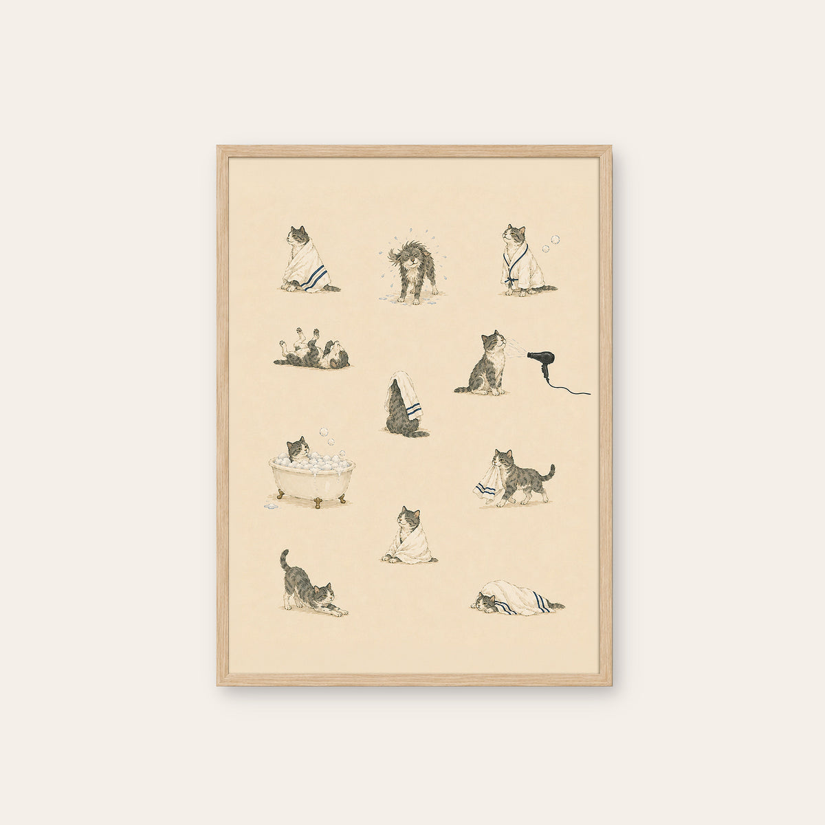 Cats at the Spa - Bath Time Pattern Print - natural wood frame
