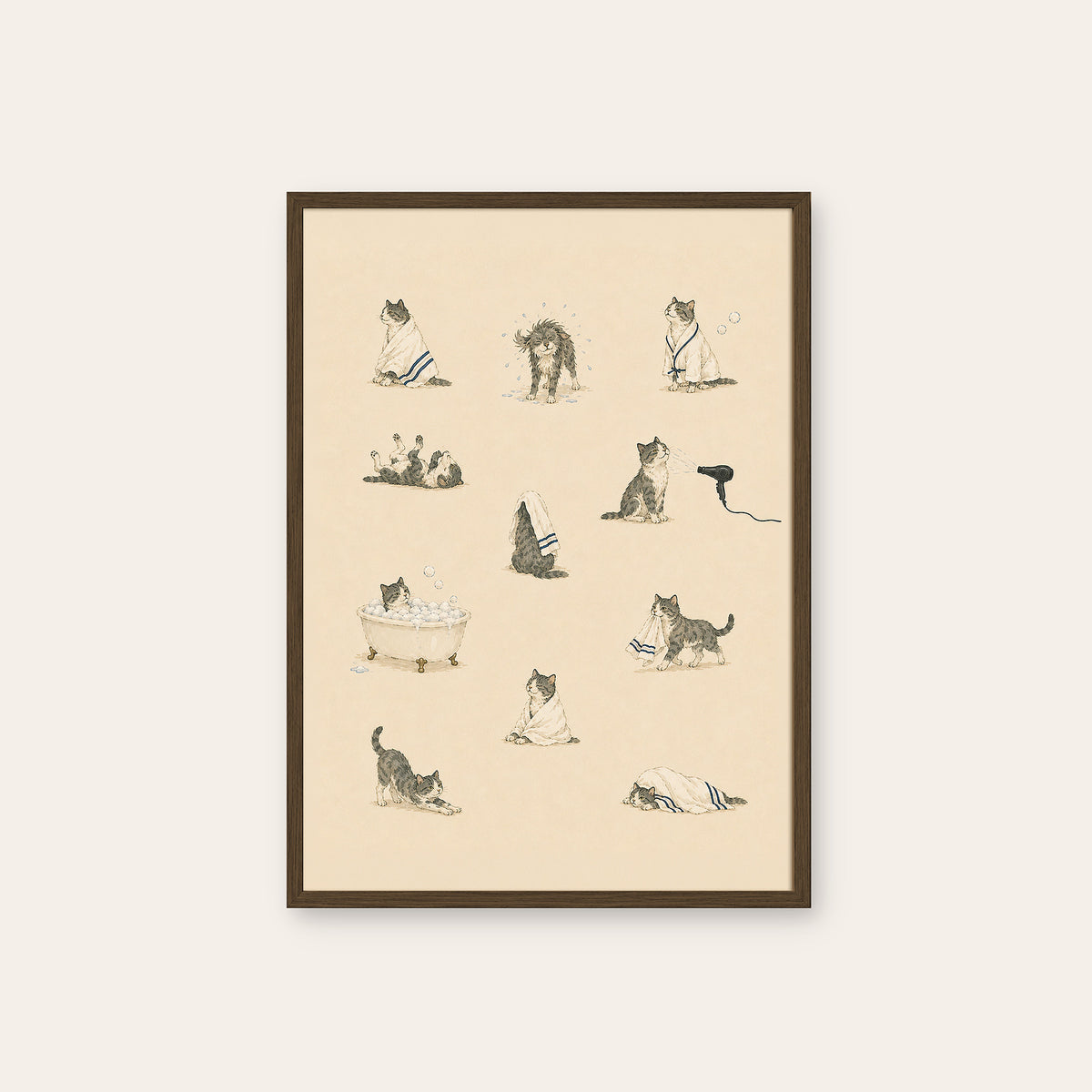 Cats at the Spa - Bath Time Pattern Print - dark wood frame