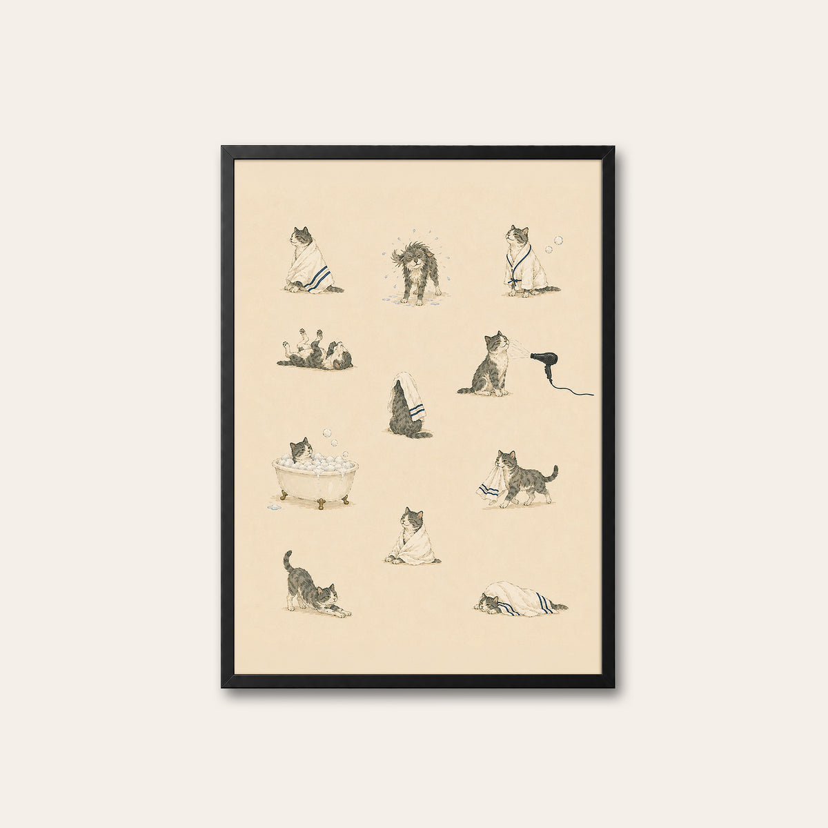 Cats at the Spa - Bath Time Pattern Print - black frame