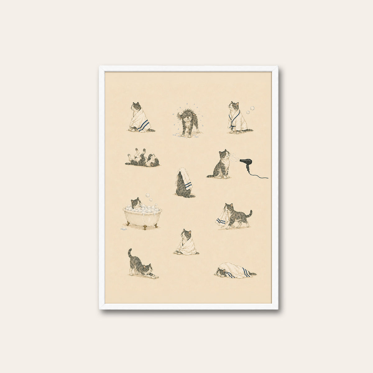 Cats at the Spa - Bath Time Pattern Print - white frame