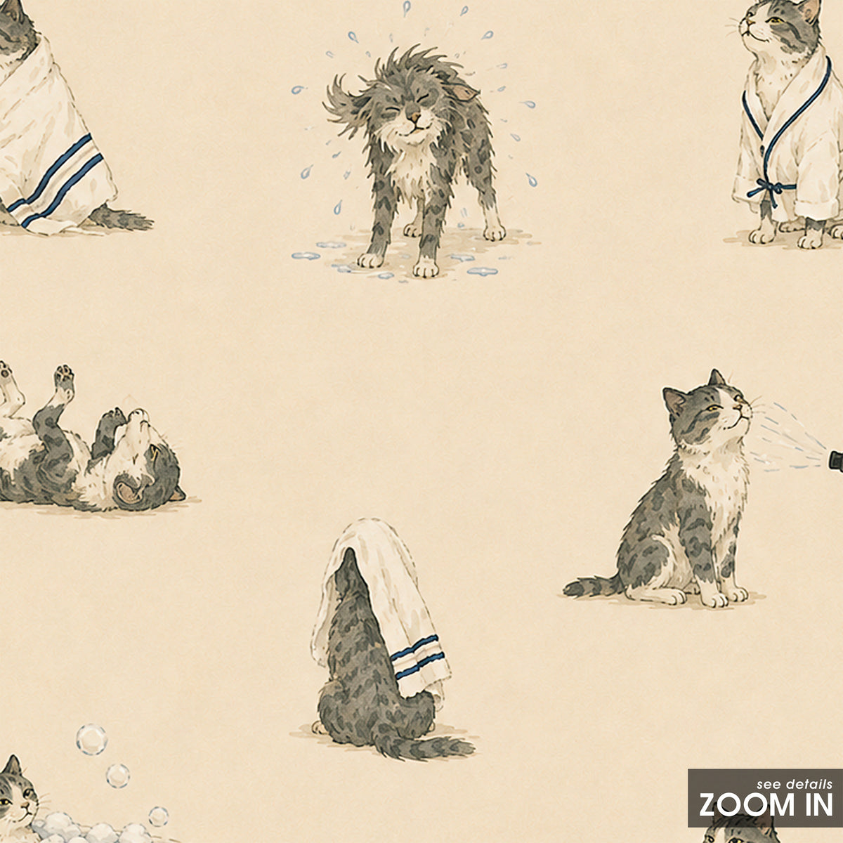 Cats at the Spa - Bath Time Pattern Print - artwork detail