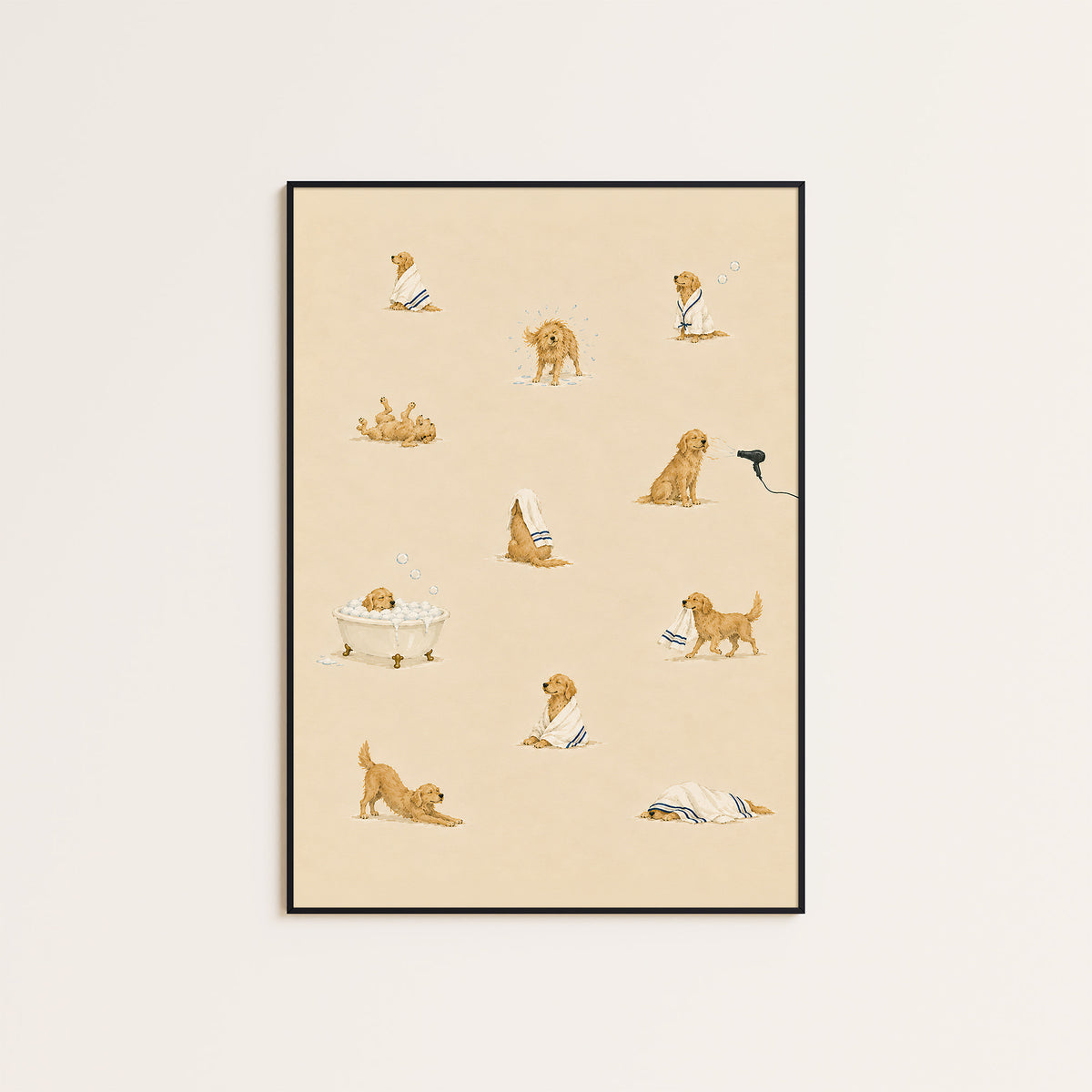 Dogs at the Spa - Bath Time Pattern Print - framed artwork overview