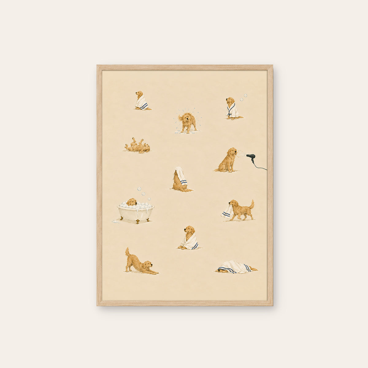 Dogs at the Spa - Bath Time Pattern Print - natural wood frame