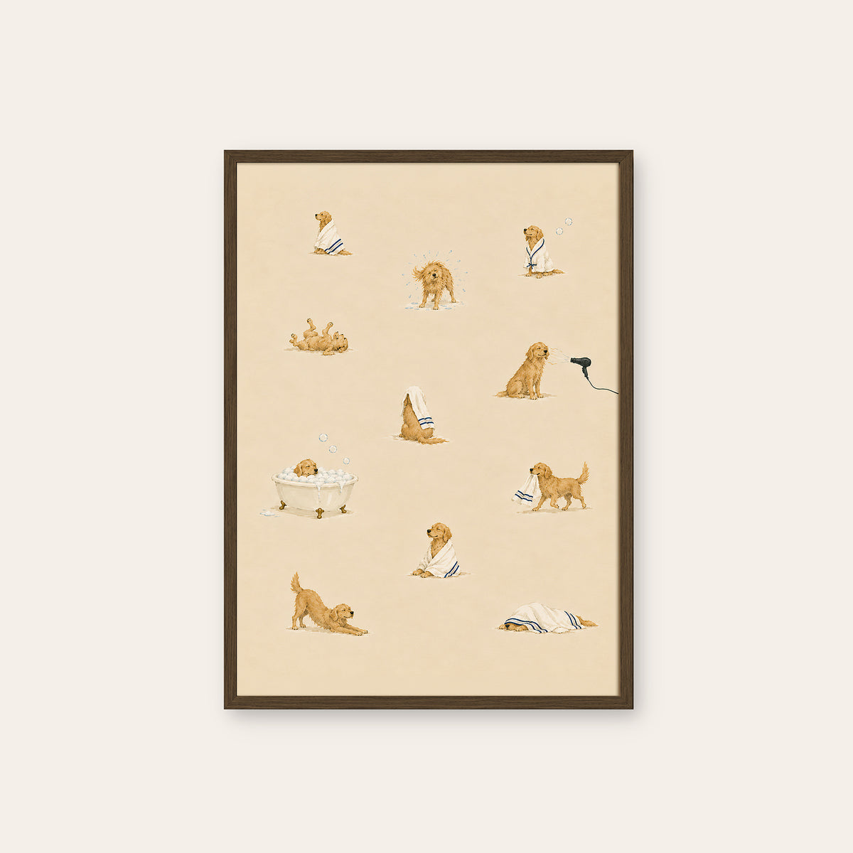 Dogs at the Spa - Bath Time Pattern Print - dark wood frame