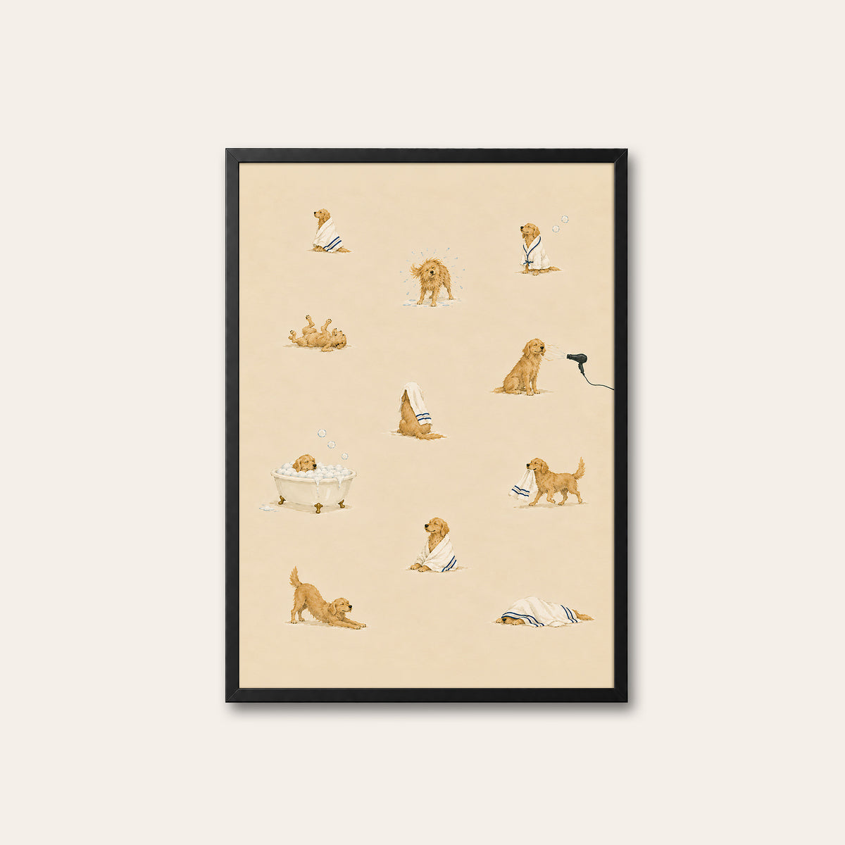 Dogs at the Spa - Bath Time Pattern Print - black frame