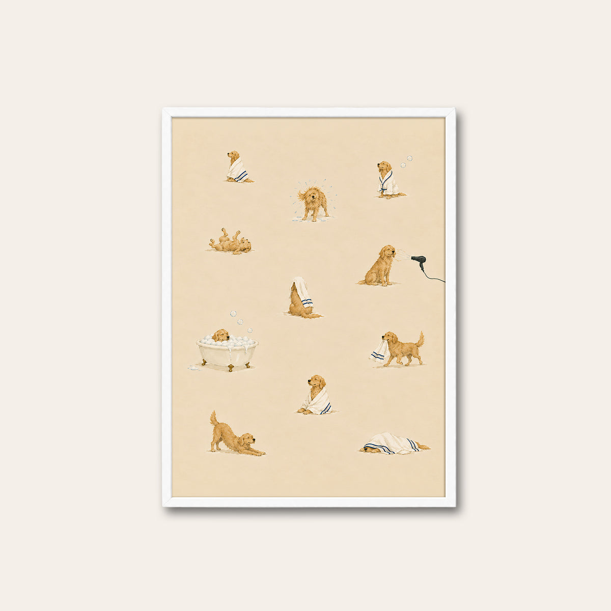 Dogs at the Spa - Bath Time Pattern Print - white frame
