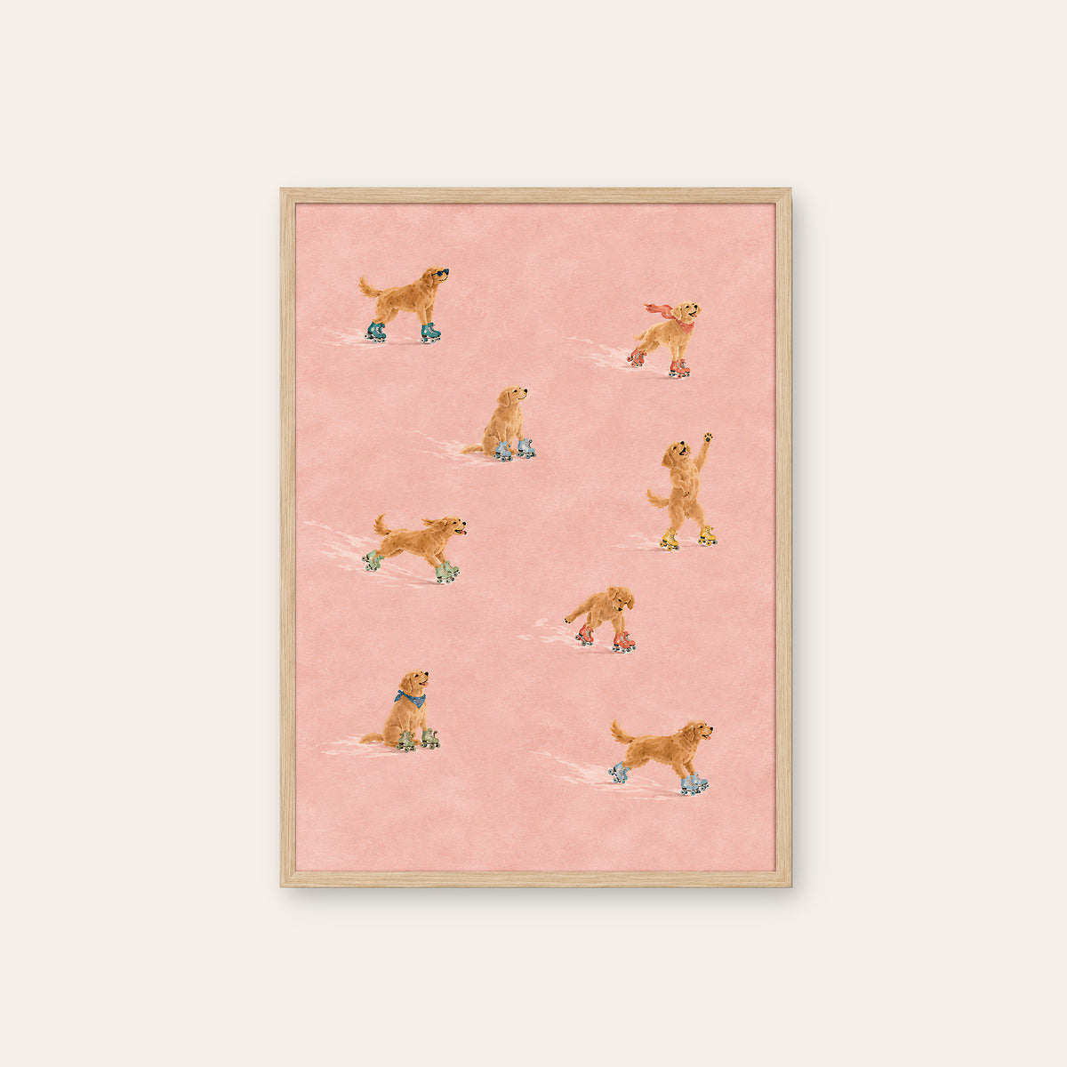 Roller Rovers - Skating Retriever Print - natural wood frame
