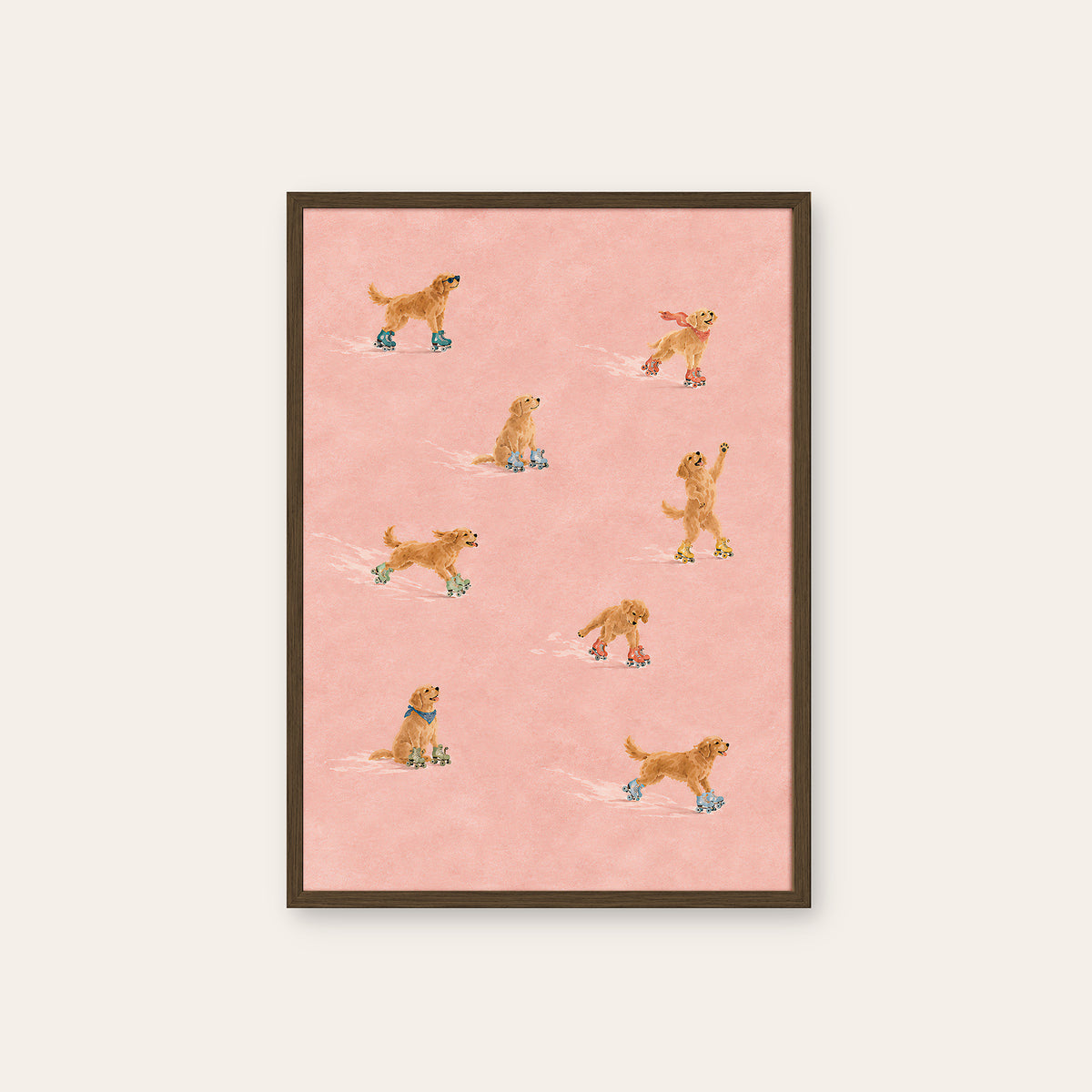 Roller Rovers - Skating Retriever Print - dark wood frame