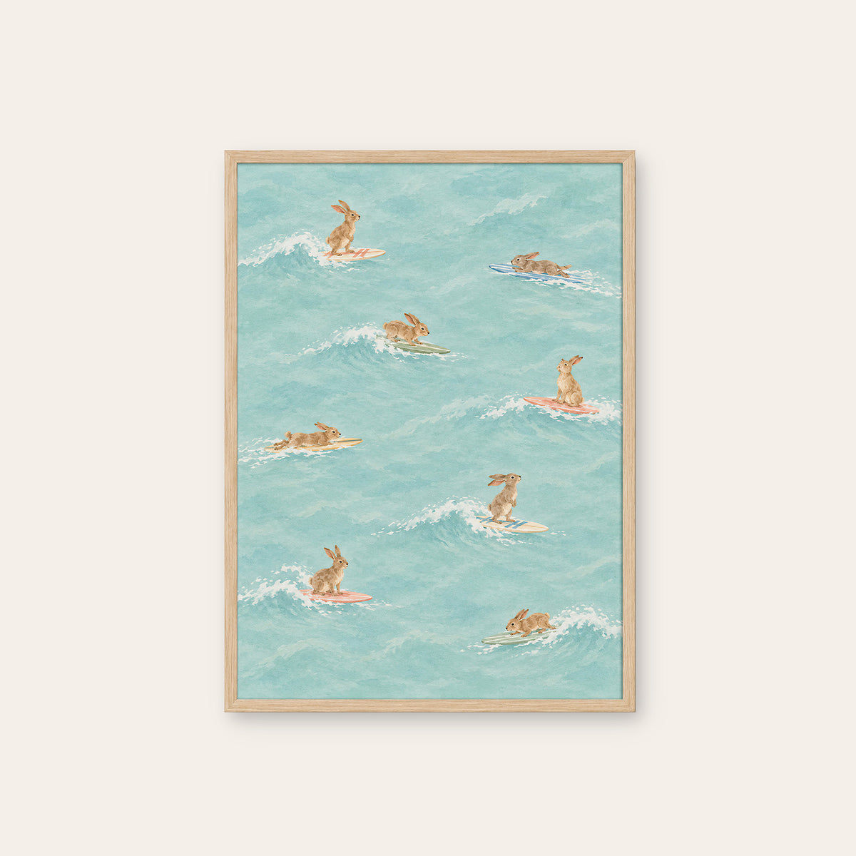Bunny Breakers - Surfing Rabbit Print - natural wood frame