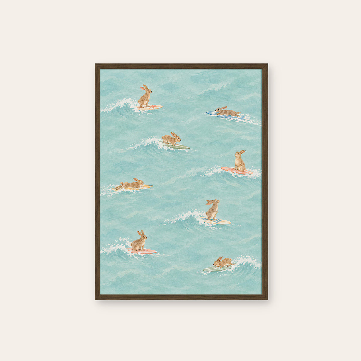 Bunny Breakers - Surfing Rabbit Print - dark wood frame