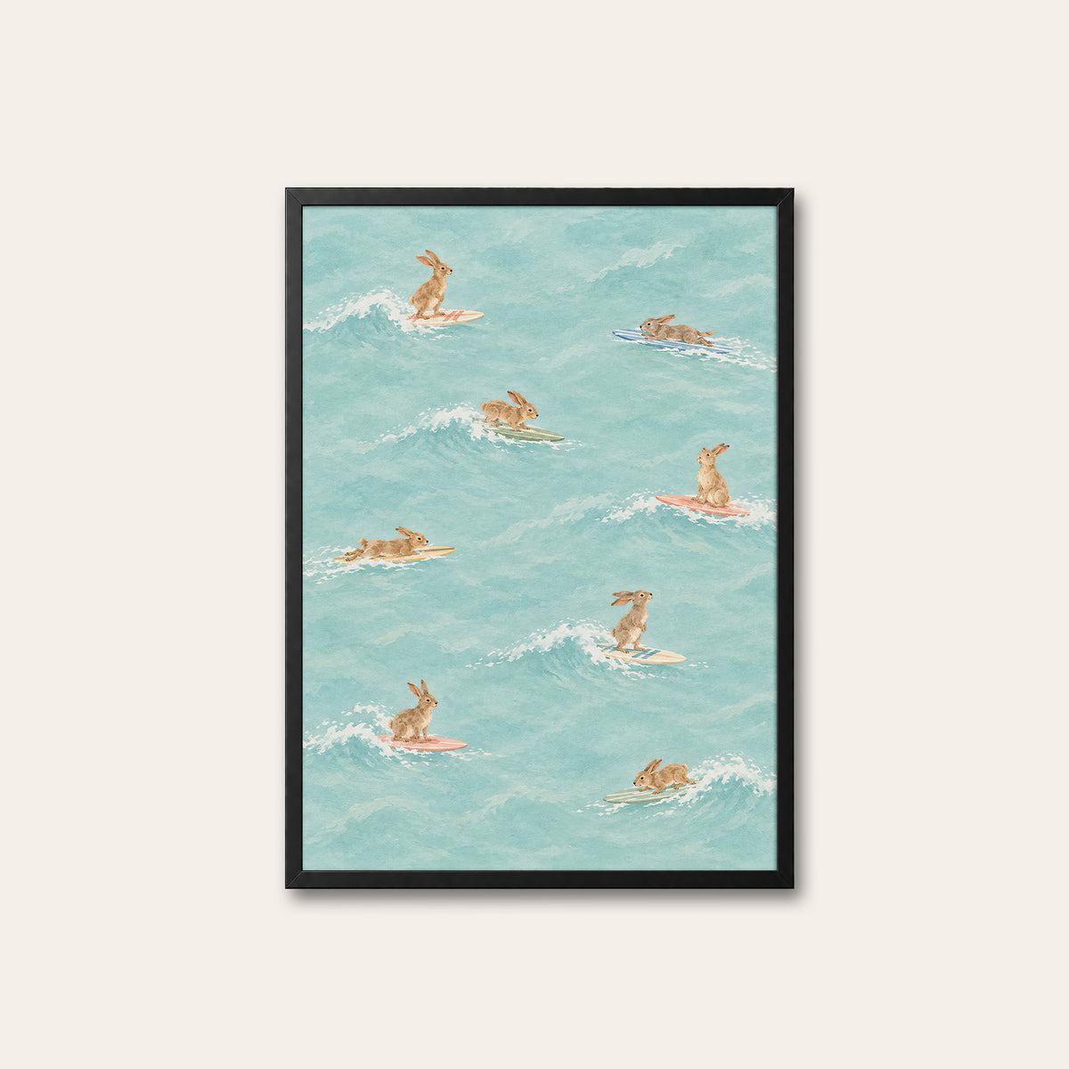 Bunny Breakers - Surfing Rabbit Print - black frame