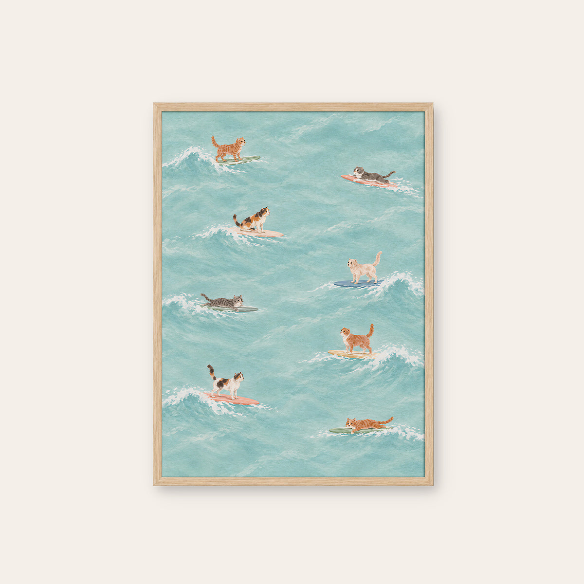 Nine Lives Surf Club - Cat Pattern Print - natural wood frame