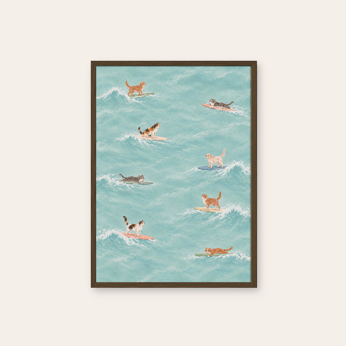 Nine Lives Surf Club - Cat Pattern Print - dark wood frame