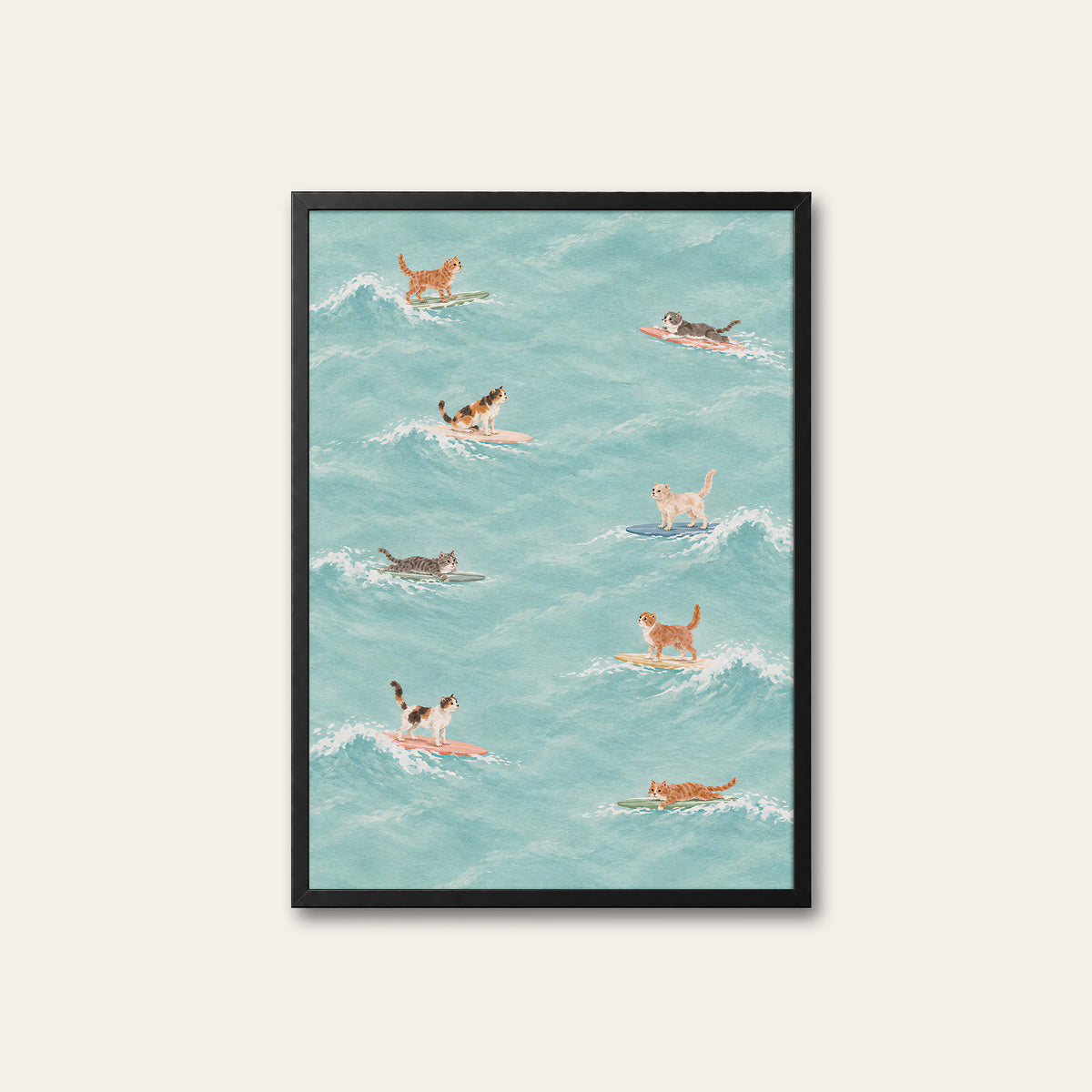 Nine Lives Surf Club - Cat Pattern Print - black frame