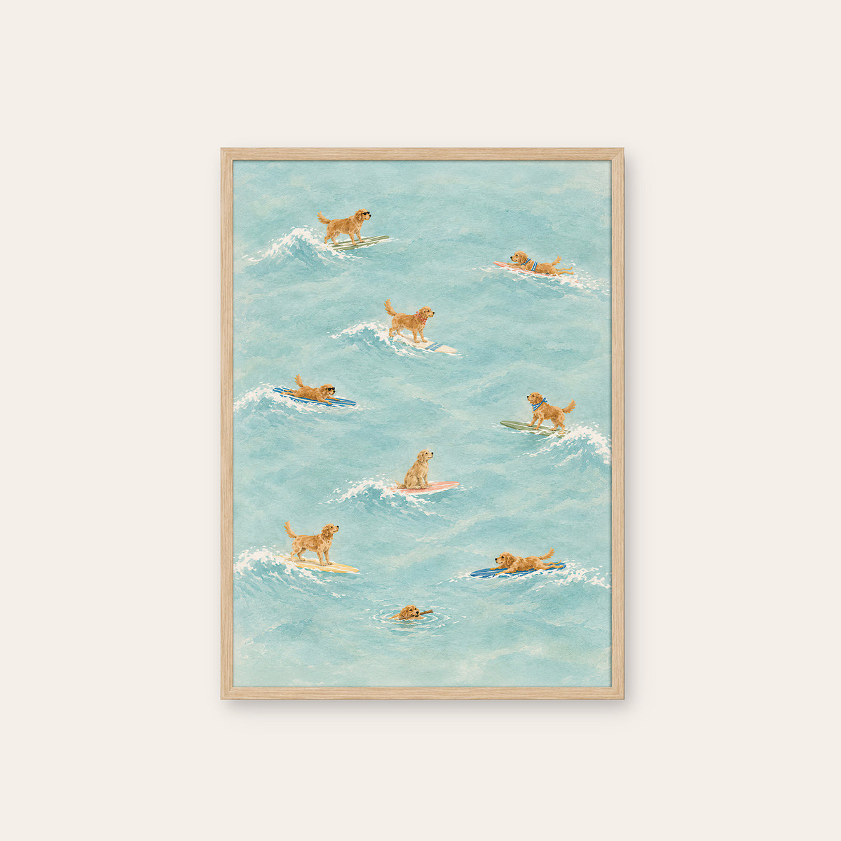 Golden Tide - Retriever Surf Day Print - natural wood frame