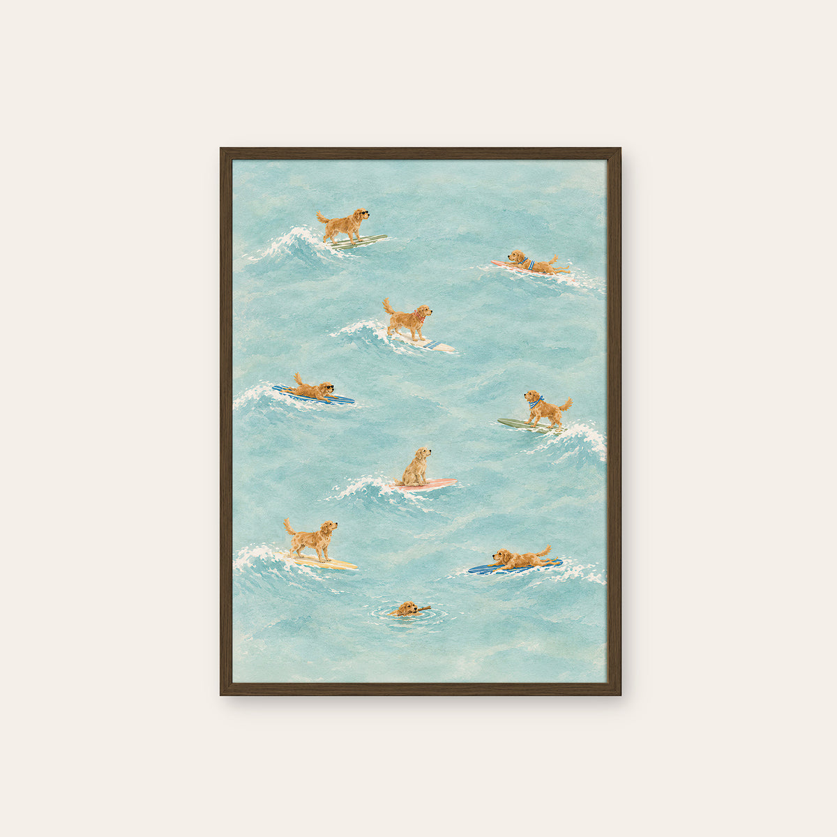 Golden Tide - Retriever Surf Day Print - dark wood frame