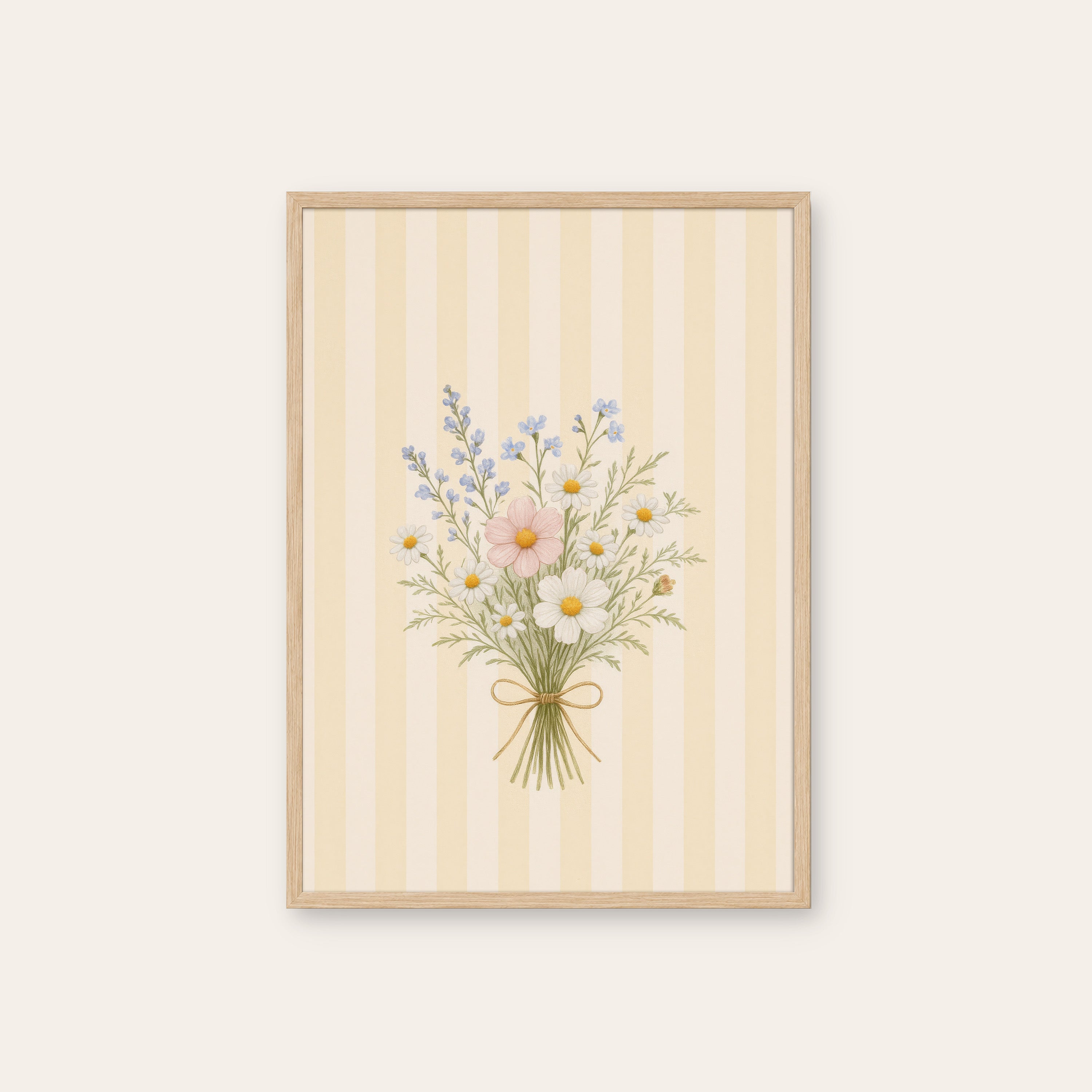 Daisy Gather — Stripe Posy Print – natural wood frame