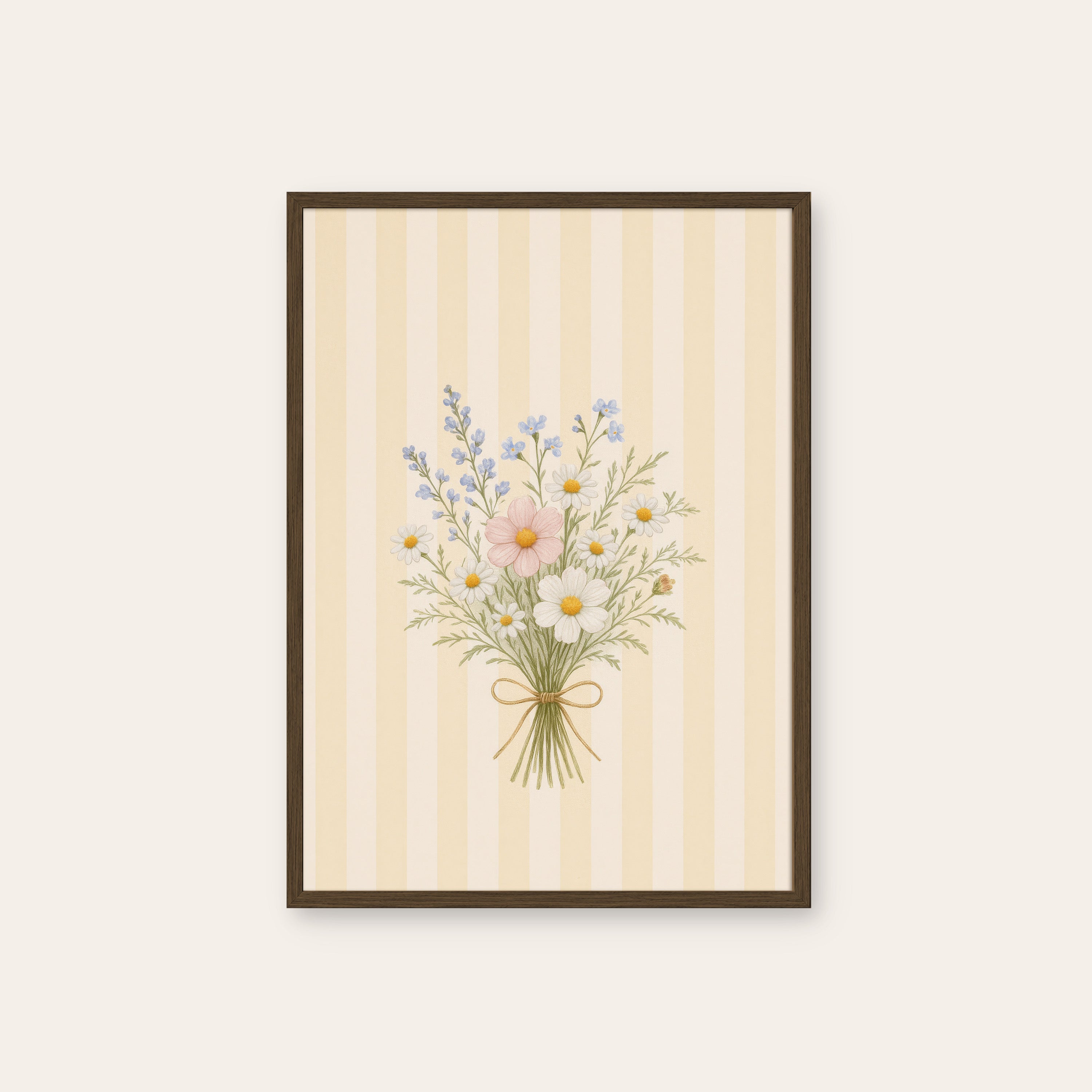Daisy Gather — Stripe Posy Print – dark wood frame