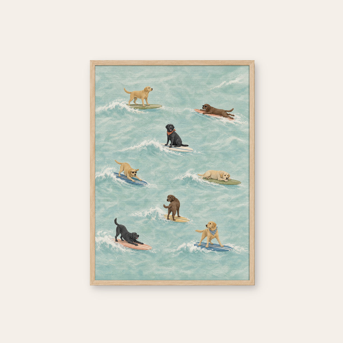 Labrador Longboard Club - Surfing Dog Print - natural wood frame