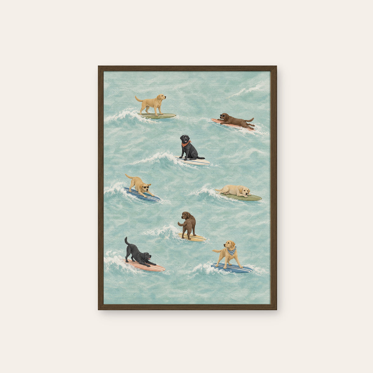 Labrador Longboard Club - Surfing Dog Print - dark wood frame