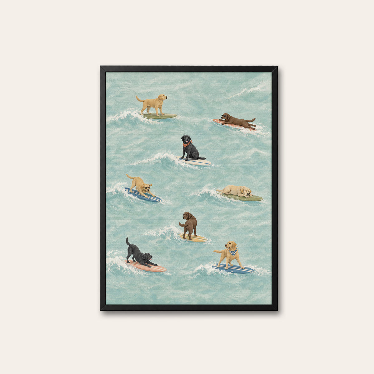 Labrador Longboard Club - Surfing Dog Print - black frame