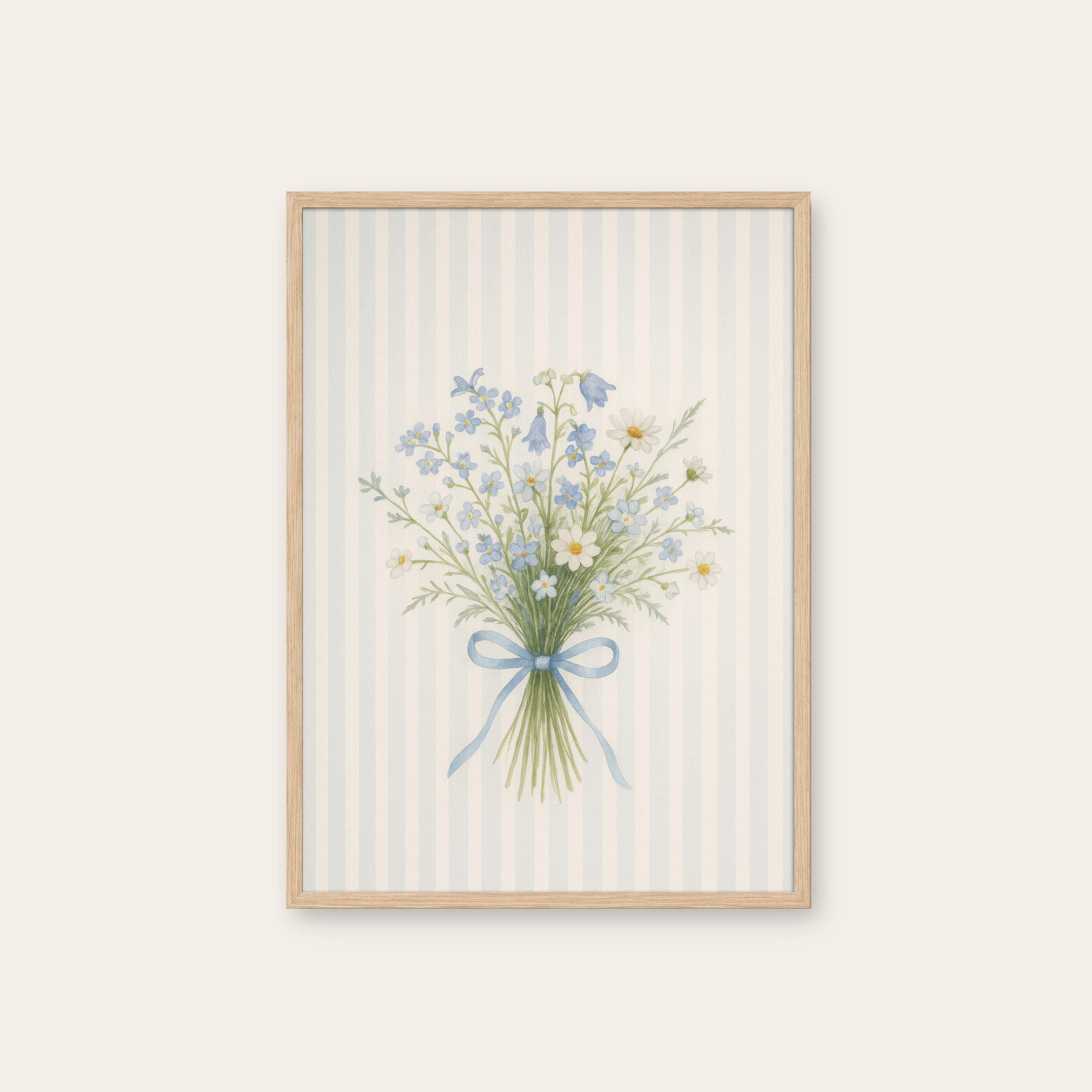 Bluebell Posy — Ribbon Bouquet Print – natural wood frame