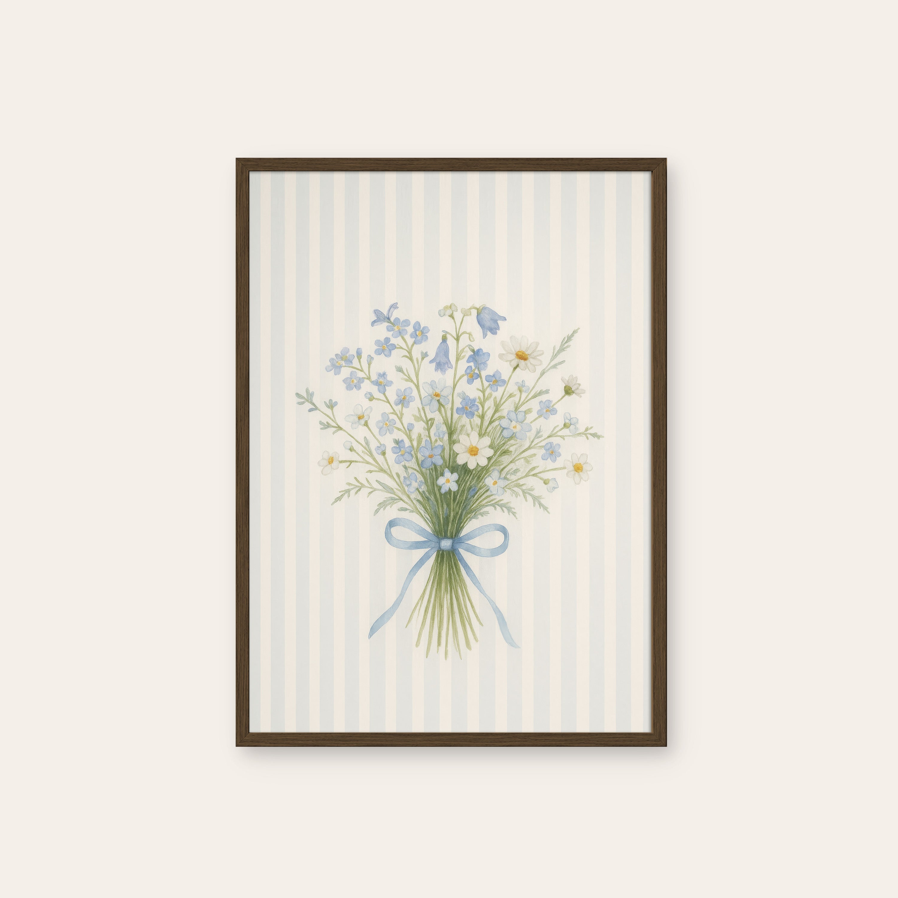Bluebell Posy — Ribbon Bouquet Print – dark wood frame