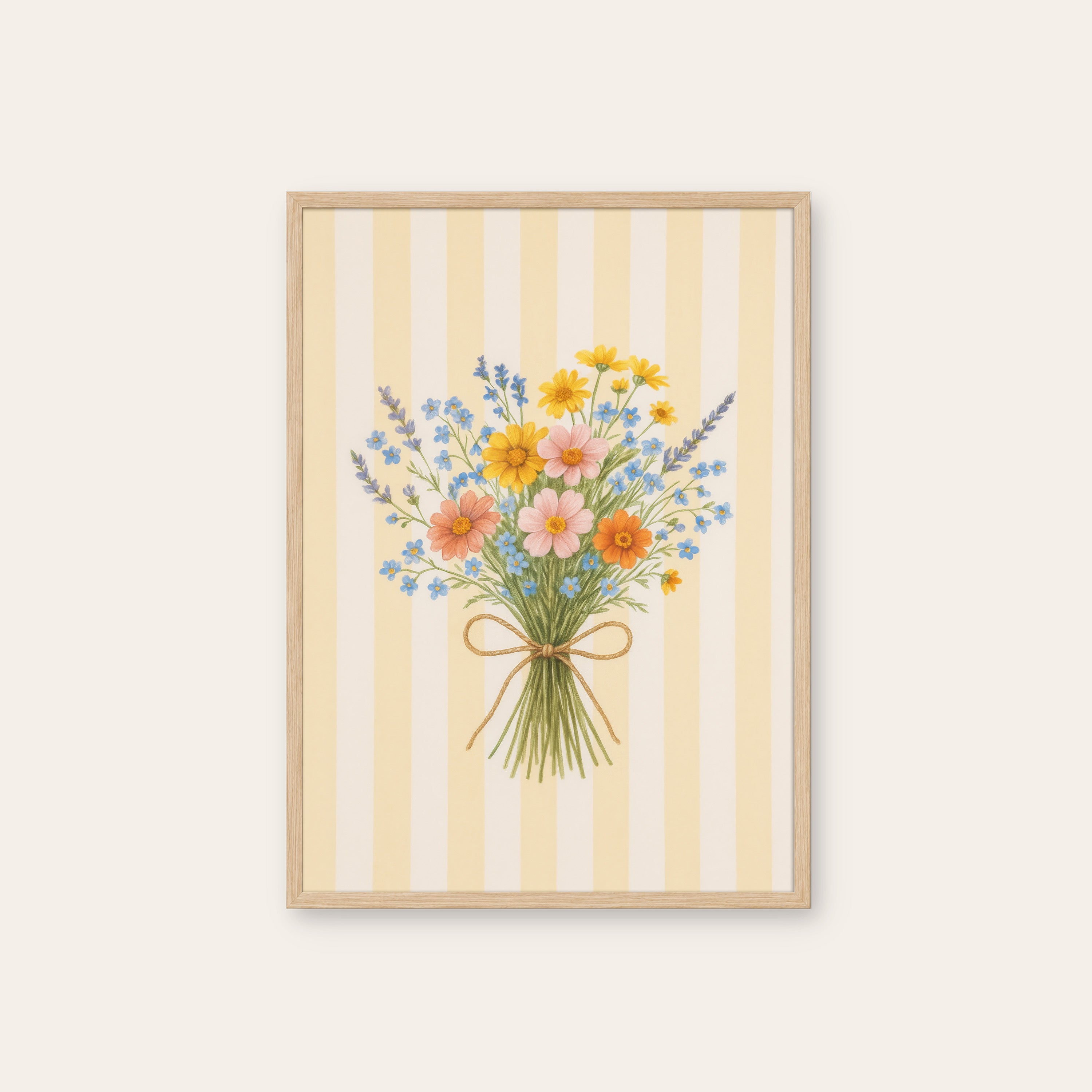 Summer Gather — Cream Stripe Bouquet Print – natural wood frame