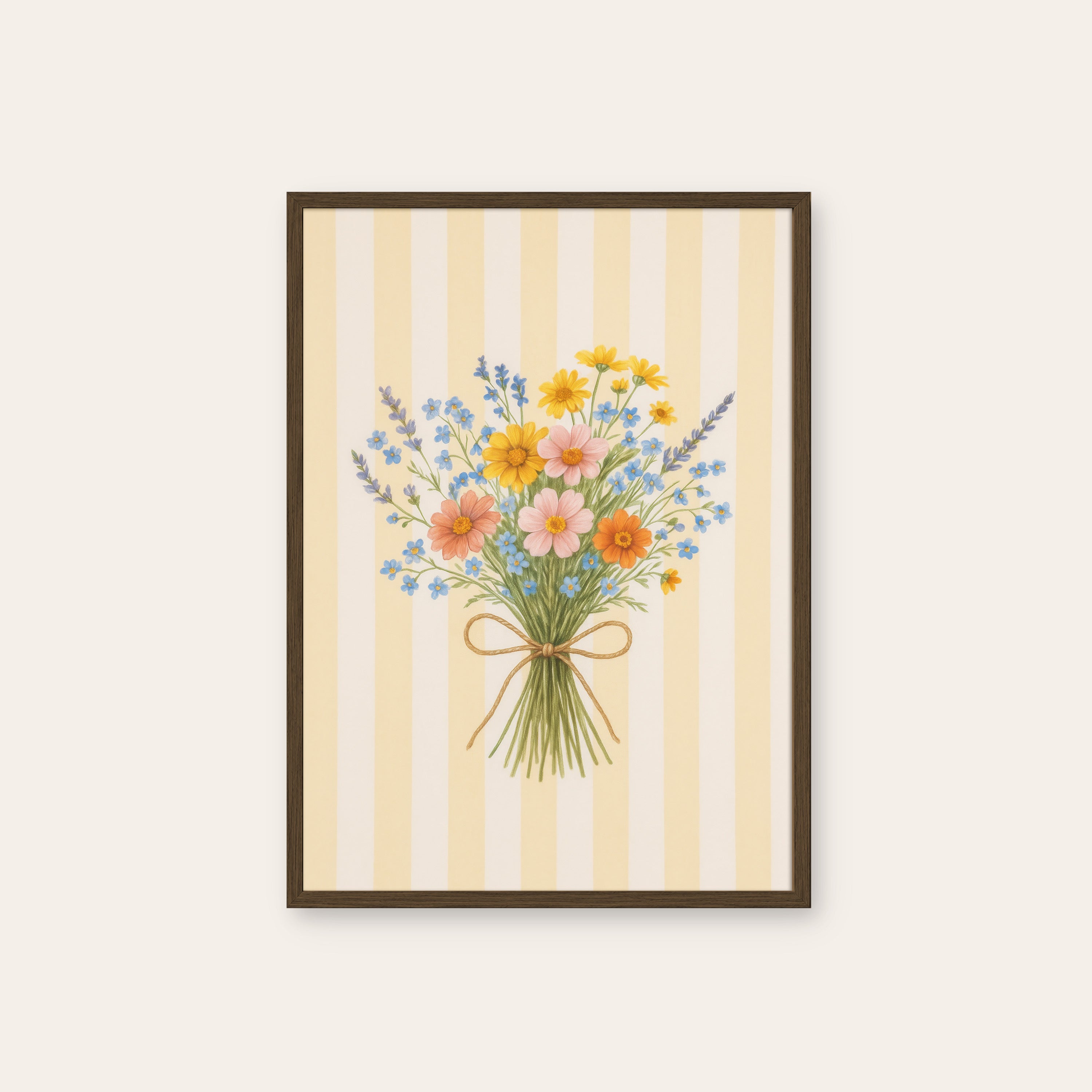 Summer Gather — Cream Stripe Bouquet Print – dark wood frame