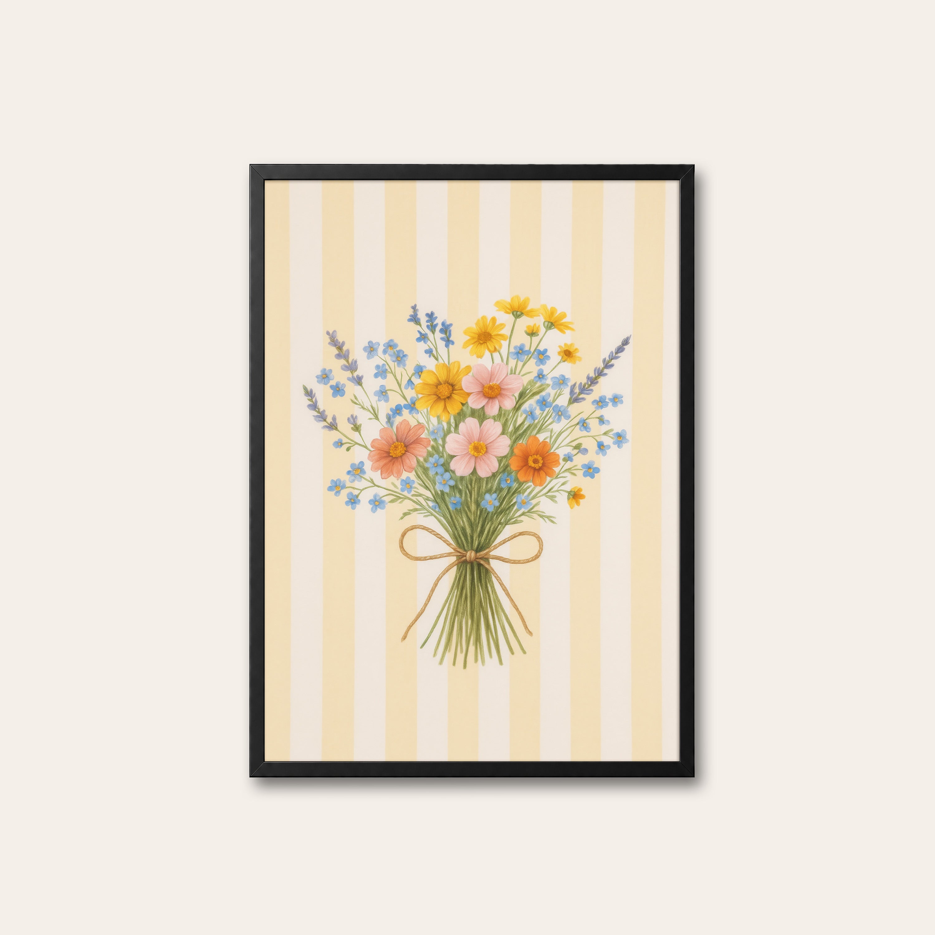 Summer Gather — Cream Stripe Bouquet Print – black frame