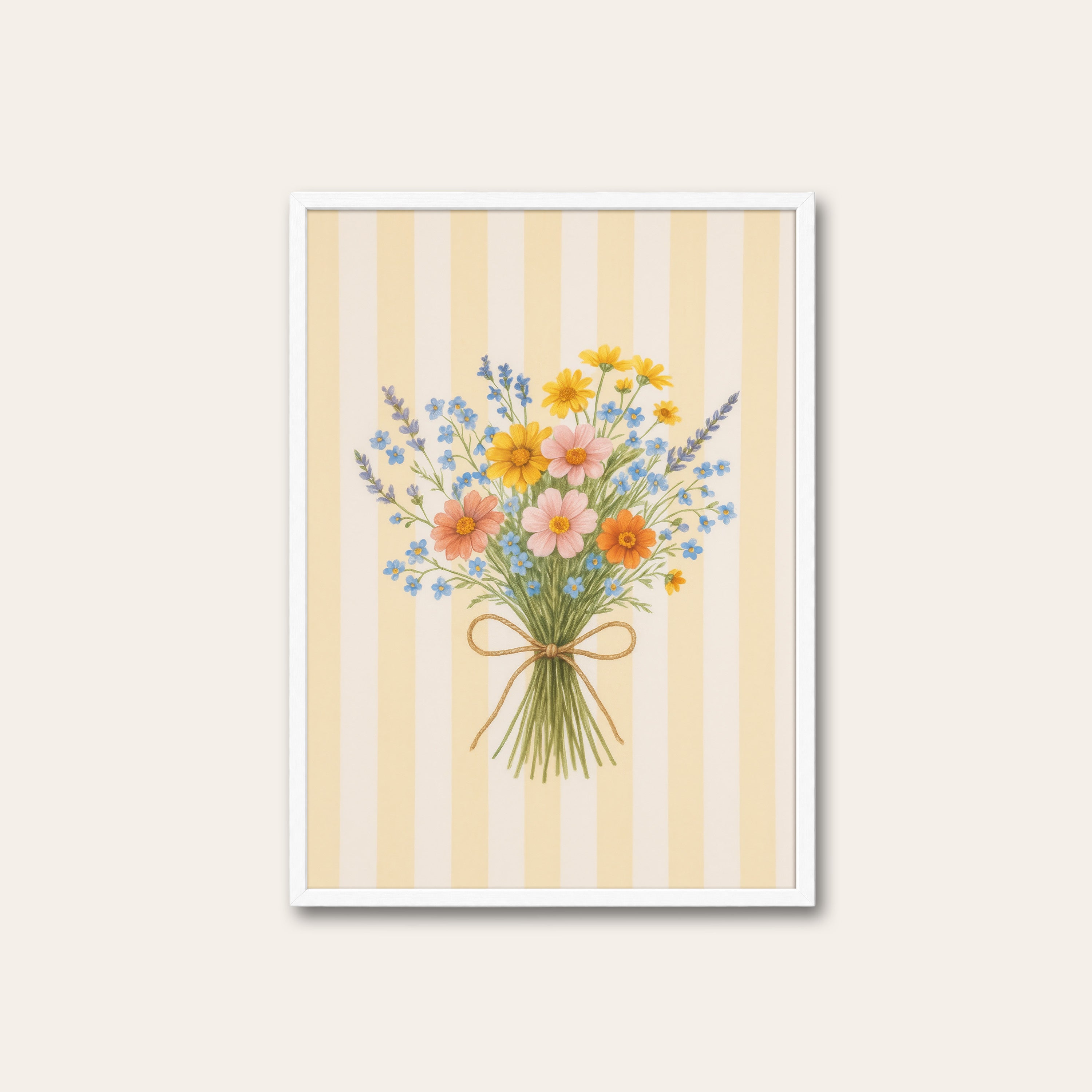 Summer Gather — Cream Stripe Bouquet Print – white frame