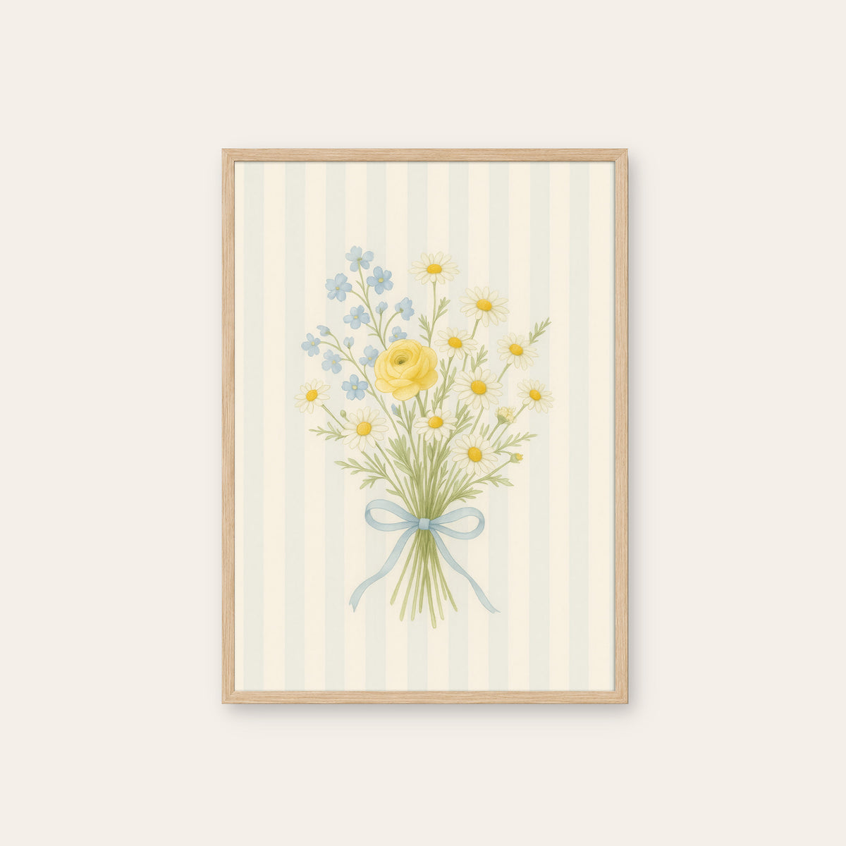 Ribbon and Blooms - Striped Bouquet Print - natural wood frame