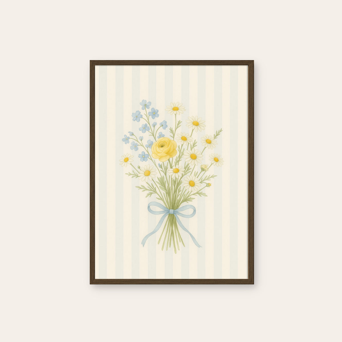 Ribbon and Blooms - Striped Bouquet Print - dark wood frame